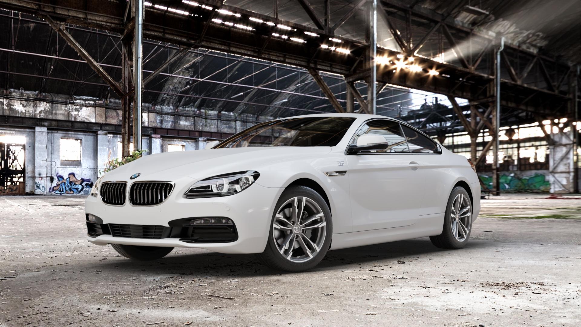 DIEWE WHEELS Avio PlatinS machined Felge mit Reifen grau silber mehrfarbig anthrazit in 18Zoll Winterfelge Alufelge auf weissem BMW 640i Typ F13 (Coupe) 650i 640d xDrive ⬇️ mit 15mm Tieferlegung ⬇️ Old Industrial Hall_max_5300mm_2024 Frontansicht_1