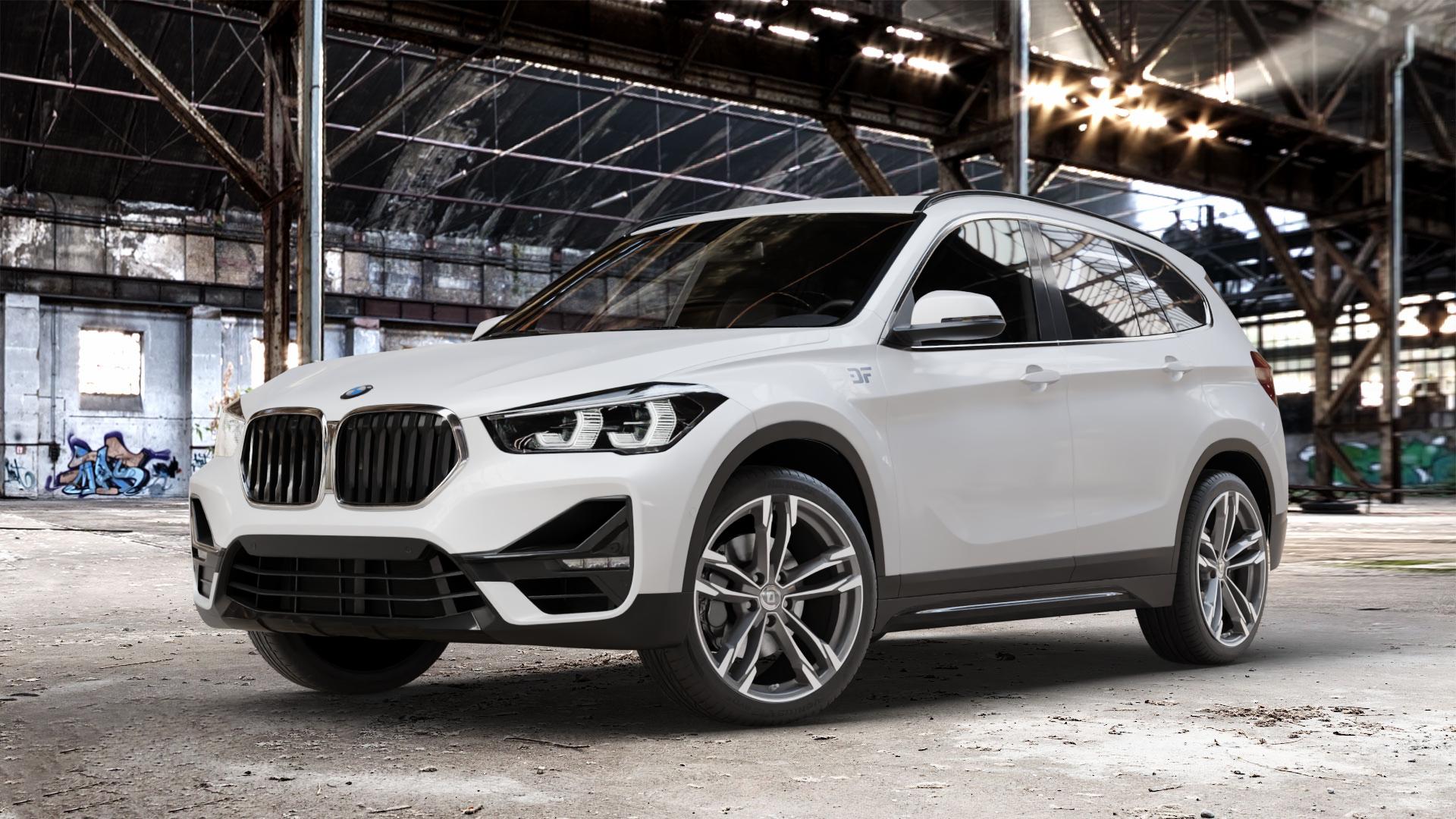 DIEWE WHEELS Avio PlatinS machined Felge mit Reifen grau silber mehrfarbig anthrazit in 19Zoll Winterfelge Alufelge auf weissem BMW X1 Typ F48 (F1X) Facelift ⬇️ mit 15mm Tieferlegung ⬇️ Old Industrial Hall_max_4400mm_2024 Frontansicht_1