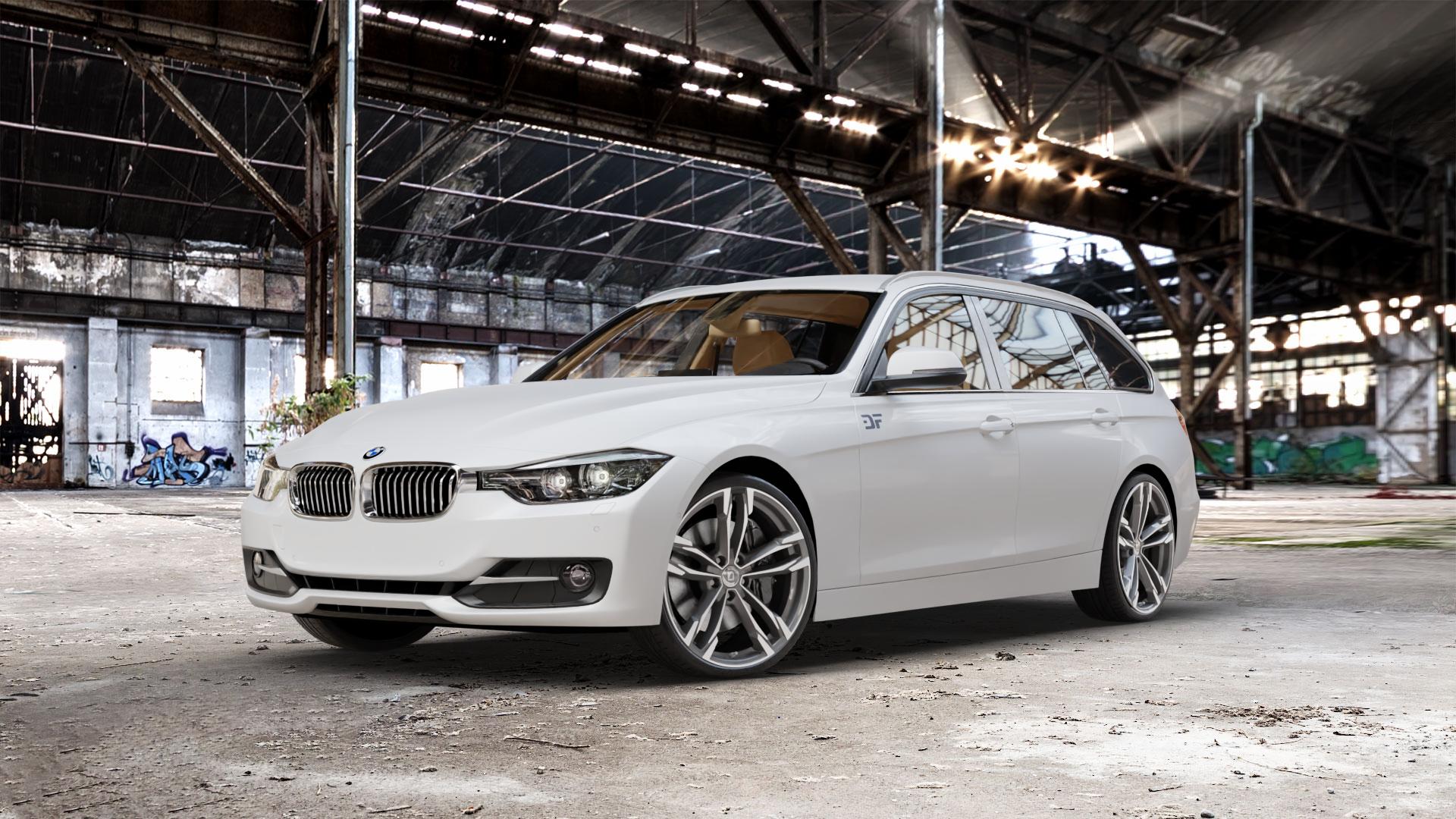 DIEWE WHEELS Avio PlatinS machined Felge mit Reifen grau silber mehrfarbig anthrazit in 20Zoll Winterfelge Alufelge auf weissem BMW 320i Typ F31 (Touring) 328i 316d 318d 320d 316i EffDyn Edition 325d 335i xDrive 335d ⬇️ mit 15mm Tieferlegung ⬇️ Old Industrial Hall_max_5300mm_2024 Frontansicht_1