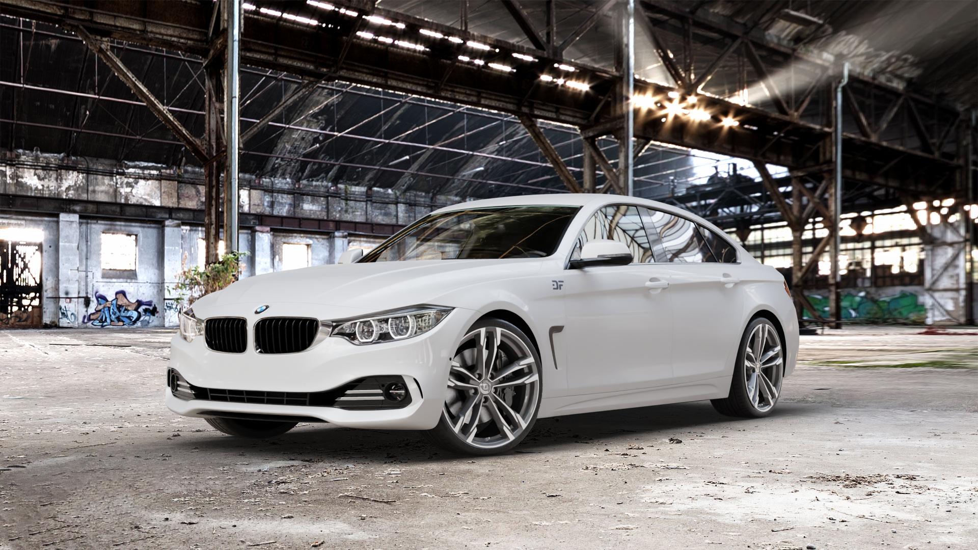 DIEWE WHEELS Avio PlatinS machined Felge mit Reifen grau silber mehrfarbig anthrazit in 20Zoll Winterfelge Alufelge auf weissem BMW 418d Typ F36 (Gran Coupe) 420d xDrive 420i 428i 435i 430d 440i 418i 430i 425d 4er Gran Coupe (3C) ⬇️ mit 15mm Tieferlegung ⬇️ Old Industrial Hall_max_5300mm_2024 Frontansicht_1