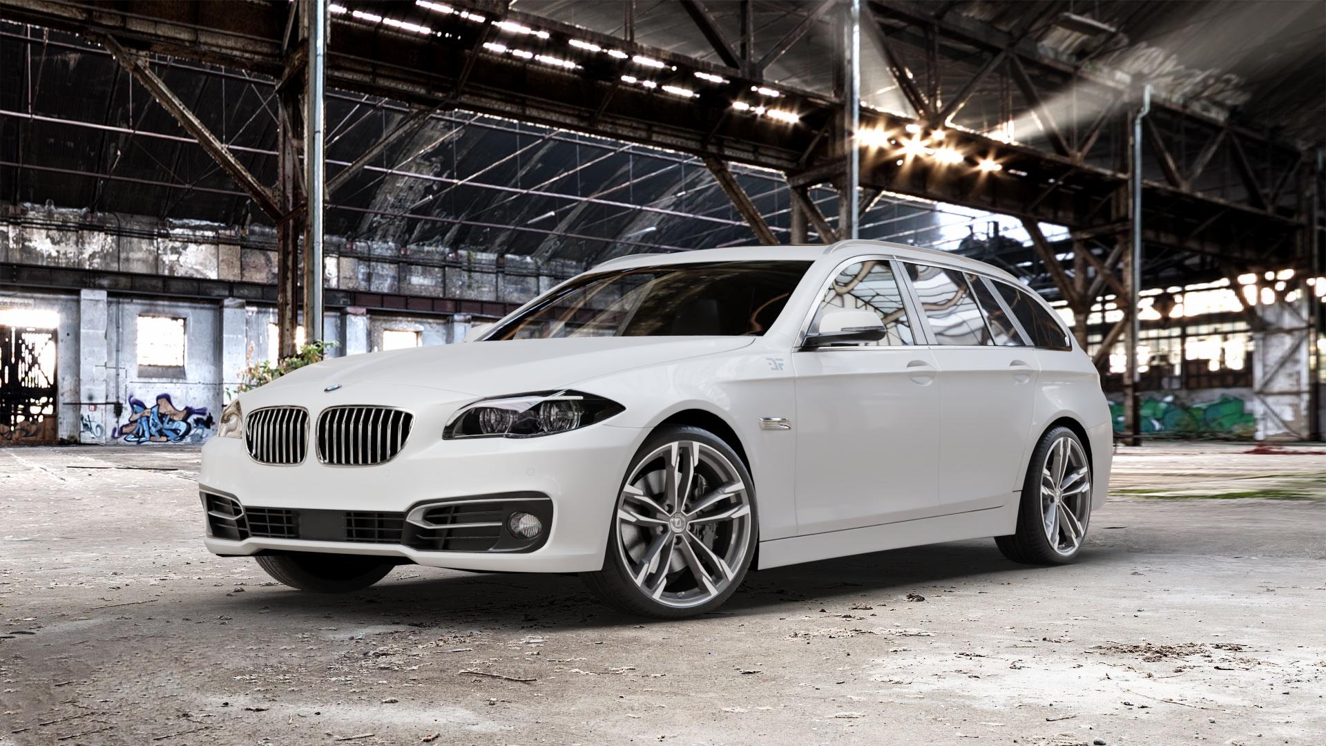 DIEWE WHEELS Avio PlatinS machined Felge mit Reifen grau silber mehrfarbig anthrazit in 20Zoll Winterfelge Alufelge auf weissem BMW 523i Typ F11 (Touring) 535i 520d 530d 528i xDrive 530i 550i 520i 525d 535d 518d 5er Touring (5K, K-N1) ⬇️ mit 15mm Tieferlegung ⬇️ Old Industrial Hall_max_5300mm_2024 Frontansicht_1