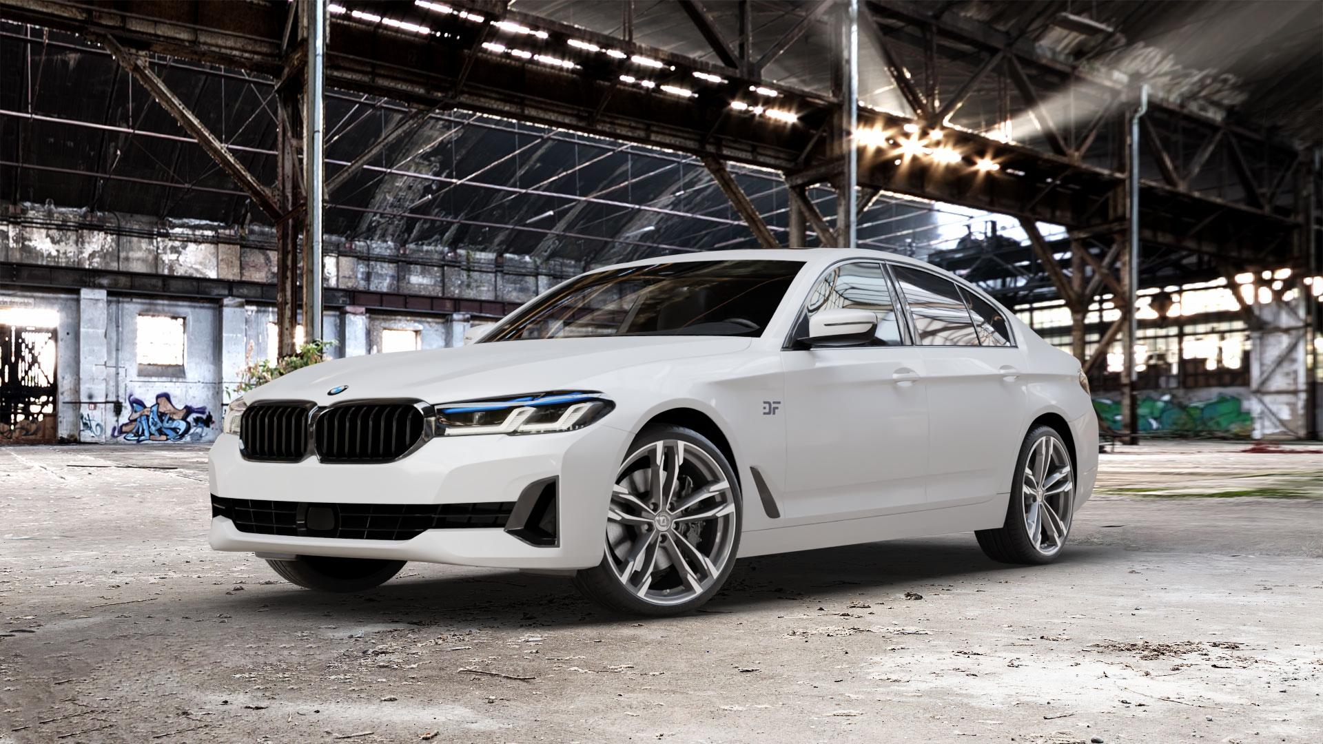 DIEWE WHEELS Avio PlatinS machined Felge mit Reifen grau silber mehrfarbig anthrazit in 20Zoll Winterfelge Alufelge auf weissem BMW 5er G30 Limousine (G5L) Facelift ⬇️ mit 15mm Tieferlegung ⬇️ Old Industrial Hall_max_5300mm_2024 Frontansicht_1
