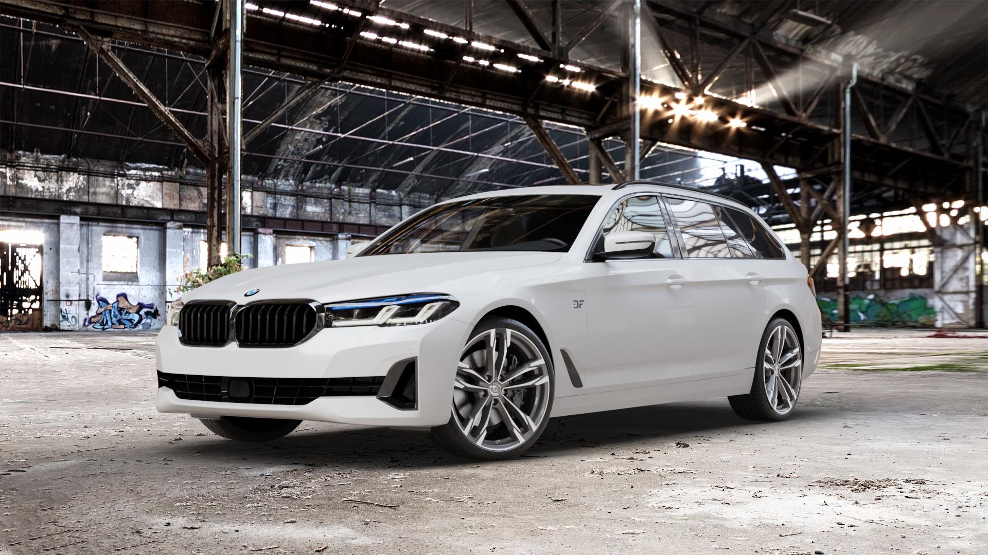 DIEWE WHEELS Avio PlatinS machined Felge mit Reifen grau silber mehrfarbig anthrazit in 20Zoll Winterfelge Alufelge auf weissem BMW 5er G31 Touring (G5K) Facelift ⬇️ mit 15mm Tieferlegung ⬇️ Old Industrial Hall_max_5300mm_2024 Frontansicht_1