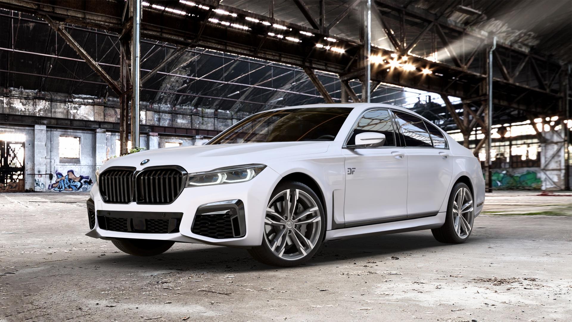 DIEWE WHEELS Avio PlatinS machined Felge mit Reifen grau silber mehrfarbig anthrazit in 20Zoll Winterfelge Alufelge auf weissem BMW 730i Typ G11 Facelift 740i 745e 750i xDrive 7er Limousine (7L) ⬇️ mit 15mm Tieferlegung ⬇️ Old Industrial Hall_max_5300mm_2024 Frontansicht_1