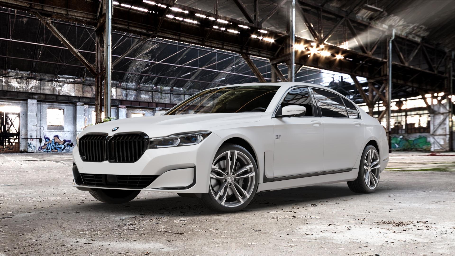 DIEWE WHEELS Avio PlatinS machined Felge mit Reifen grau silber mehrfarbig anthrazit in 20Zoll Winterfelge Alufelge auf weissem BMW 730Li Typ G12 Facelift 740Li xDrive 745Le 750Li M760Li 7er Limousine lang (7L) ⬇️ mit 15mm Tieferlegung ⬇️ Old Industrial Hall_max_5300mm_2024 Frontansicht_1