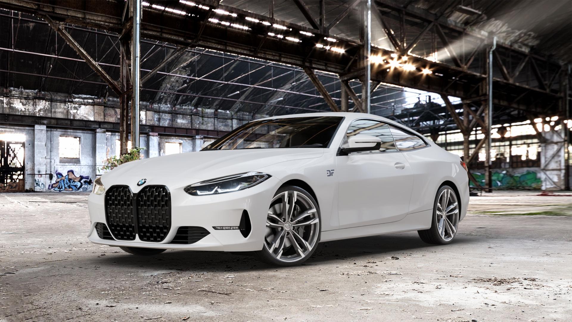 DIEWE WHEELS Avio PlatinS machined Felge mit Reifen grau silber mehrfarbig anthrazit in 20Zoll Winterfelge Alufelge auf weissem BMW M4 Typ G82 (Coupe) CSL 4er G22 Coupé (G3C) ⬇️ mit 15mm Tieferlegung ⬇️ Old Industrial Hall_max_5300mm_2024 Frontansicht_1