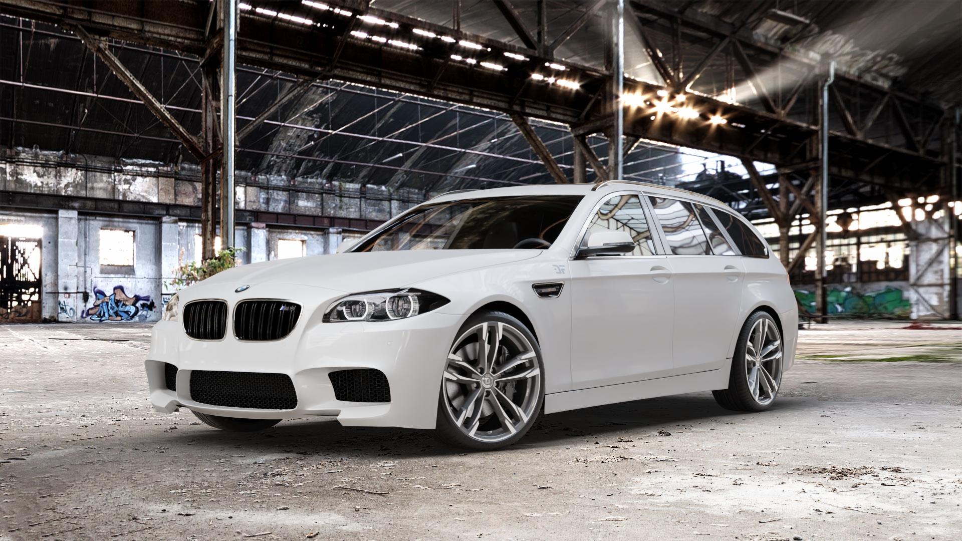 DIEWE WHEELS Avio PlatinS machined Felge mit Reifen grau silber mehrfarbig anthrazit in 20Zoll Winterfelge Alufelge auf weissem BMW M550d xDrive Typ F11 (Touring) 3,0l 280kW (381 PS) ⬇️ mit 15mm Tieferlegung ⬇️ Old Industrial Hall_max_5300mm_2024 Frontansicht_1