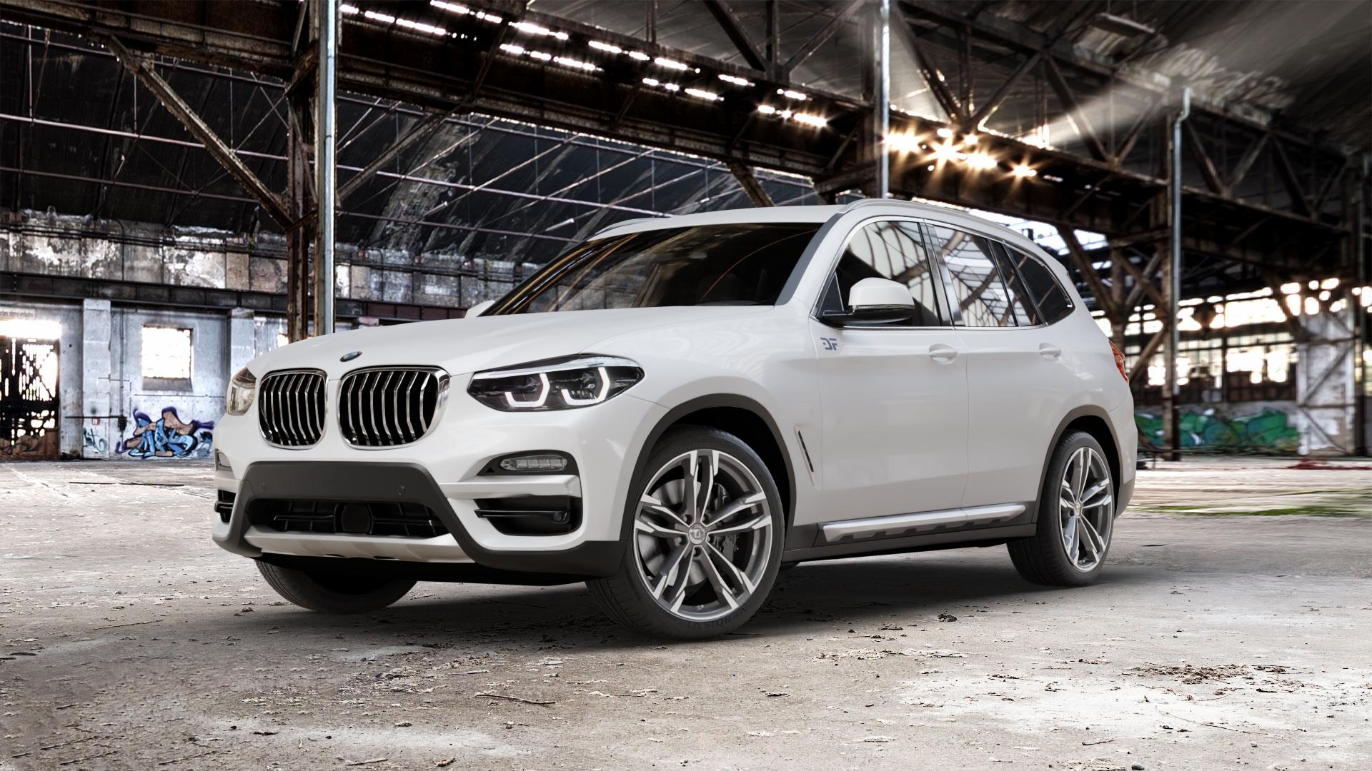DIEWE WHEELS Avio PlatinS machined Felge mit Reifen grau silber mehrfarbig anthrazit in 20Zoll Winterfelge Alufelge auf weissem BMW X3 Typ G01 (G3X) ⬇️ mit 15mm Tieferlegung ⬇️ Old Industrial Hall_max_5300mm_2024 Frontansicht_1