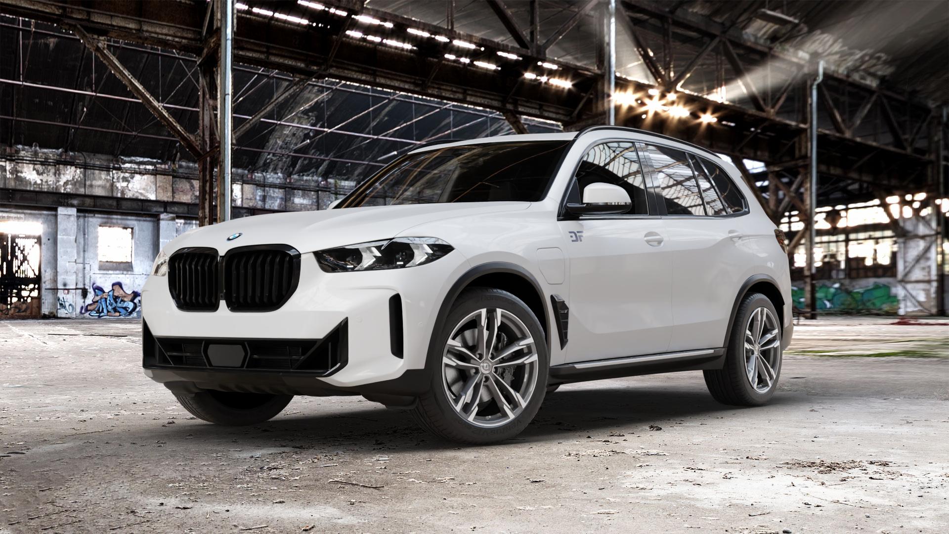 DIEWE WHEELS Avio PlatinS machined Felge mit Reifen grau silber mehrfarbig anthrazit in 20Zoll Winterfelge Alufelge auf weissem BMW X5 Typ G05 (G5X) Facelift ⬇️ mit 15mm Tieferlegung ⬇️ Old Industrial Hall_max_5300mm_2024 Frontansicht_1
