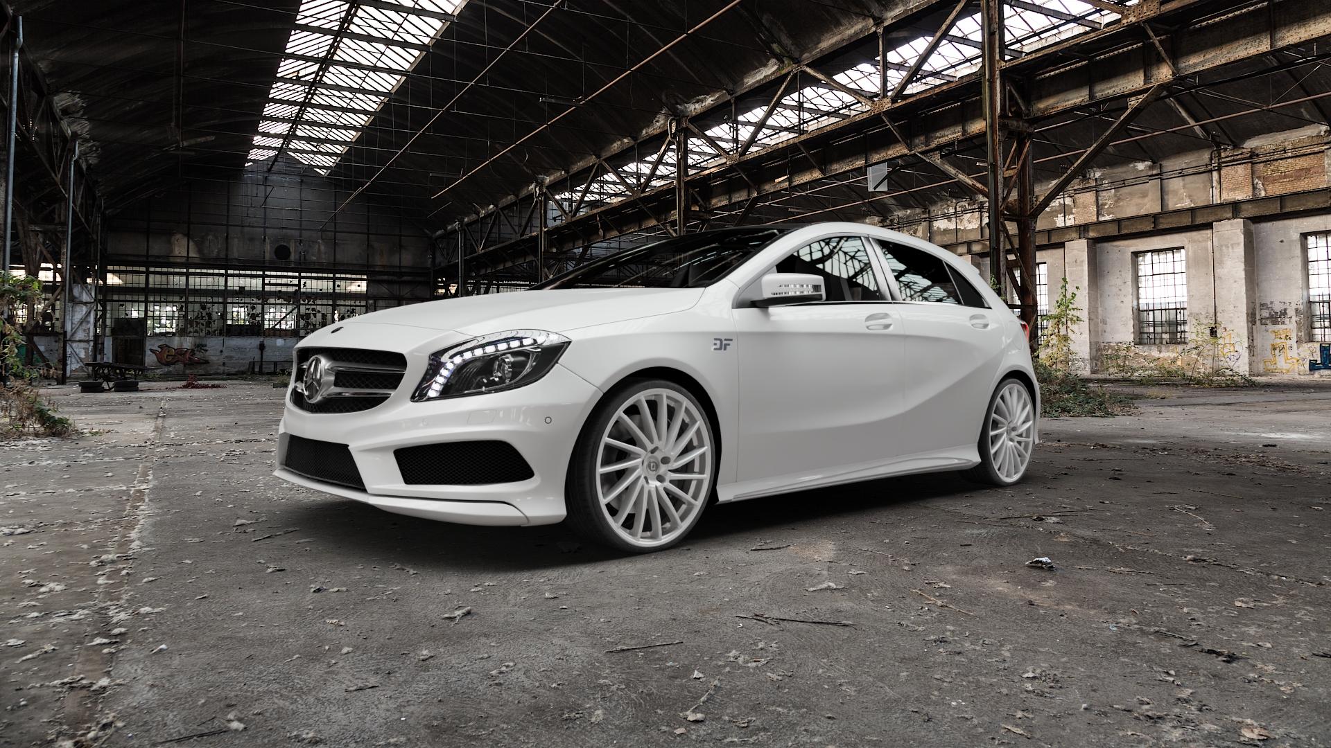 DIEWE WHEELS Briosa Argento silber Felge mit Reifen in 20Zoll Winterfelge Alufelge auf weissem Mercedes A-Klasse III Typ 176 245G Facelift ⬇️ mit 15mm Tieferlegung ⬇️ Old Industrial Hall_max5000mm_2022 Frontansicht_1