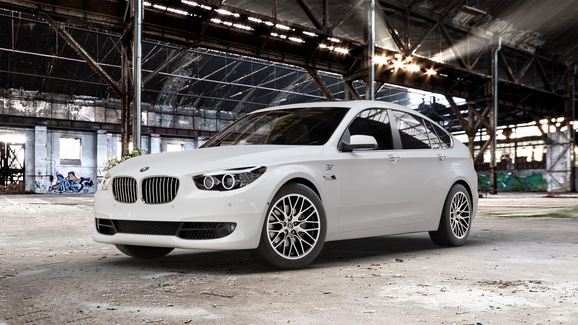 DIEWE WHEELS FINA Nero machined Felge mit Reifen silber schwarz mehrfarbig in 18Zoll Winterfelge Alufelge auf weissem BMW 535i GT Typ F07 xDrive 550i 530d 535d 520d 528i 5er Gran Turismo (GT, K-N1) ⬇️ mit 15mm Tieferlegung ⬇️ Old Industrial Hall_max_5300mm_2024 Frontansicht_1