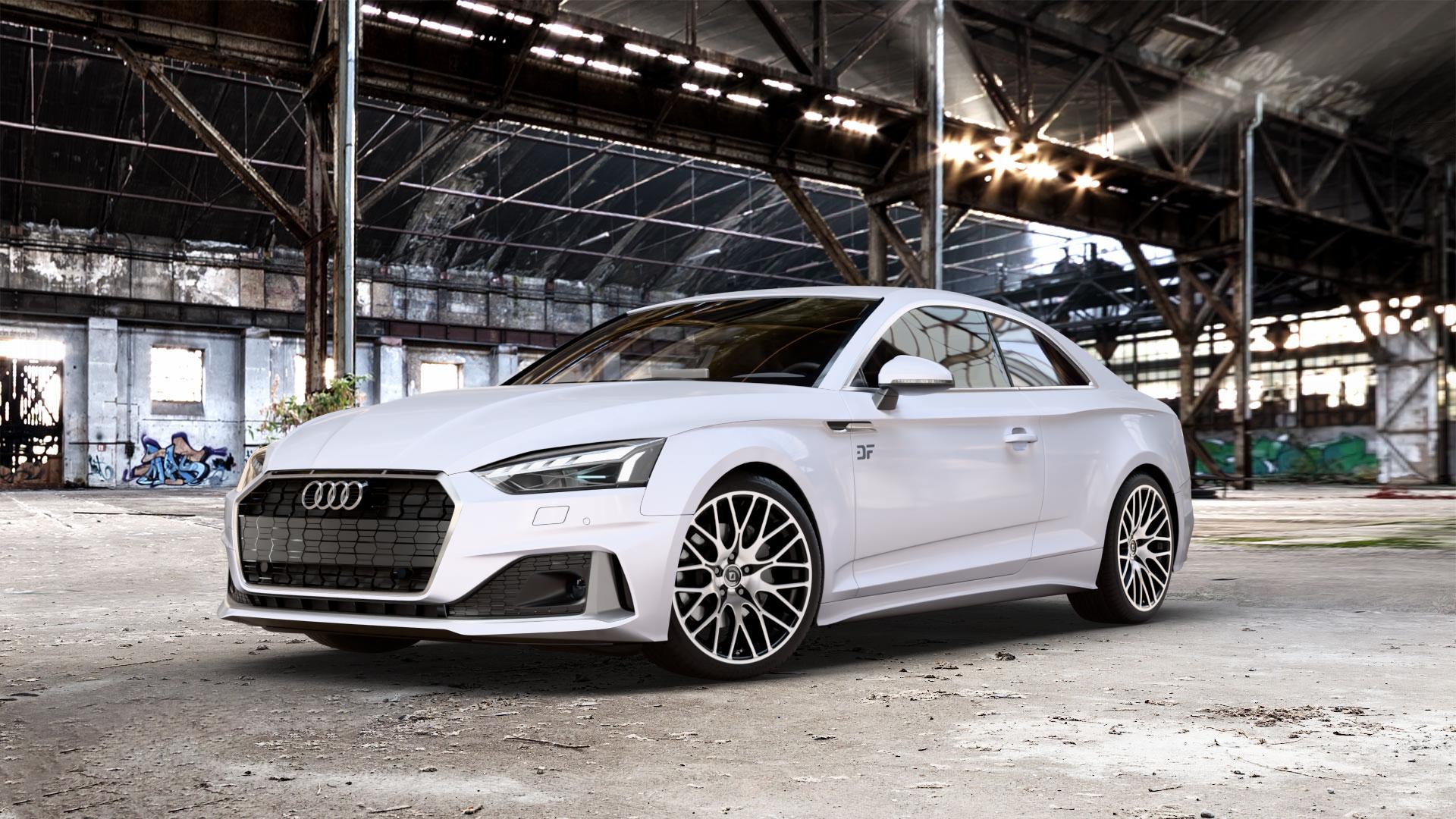 DIEWE WHEELS FINA Nero machined Felge mit Reifen silber schwarz mehrfarbig in 19Zoll Winterfelge Alufelge auf weißem Audi A5 Typ B9 (Coupé) Facelift ⬇️ mit 15mm Tieferlegung ⬇️ Old Industrial Hall_max_5300mm_2024 Frontansicht_1