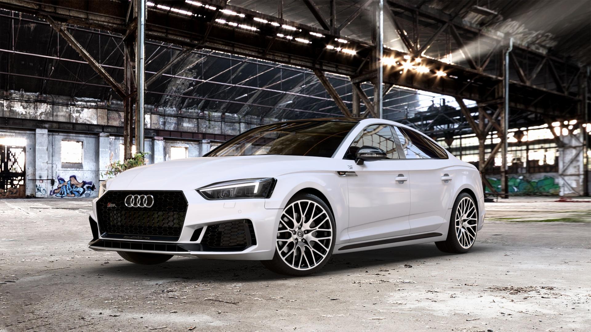 DIEWE WHEELS FINA Nero machined Felge mit Reifen silber schwarz mehrfarbig in 19Zoll Winterfelge Alufelge auf weissem Audi A5 Typ B9 (Sportback) 3,0l S5 TFSI quattro 260kW (354 PS) 2,9l RS5 331kW (450 TDI 255kW Mild-Hybrid (347 ⬇️ mit 15mm Tieferlegung ⬇️ Old Industrial Hall_max_5300mm_2024 Frontansicht_1