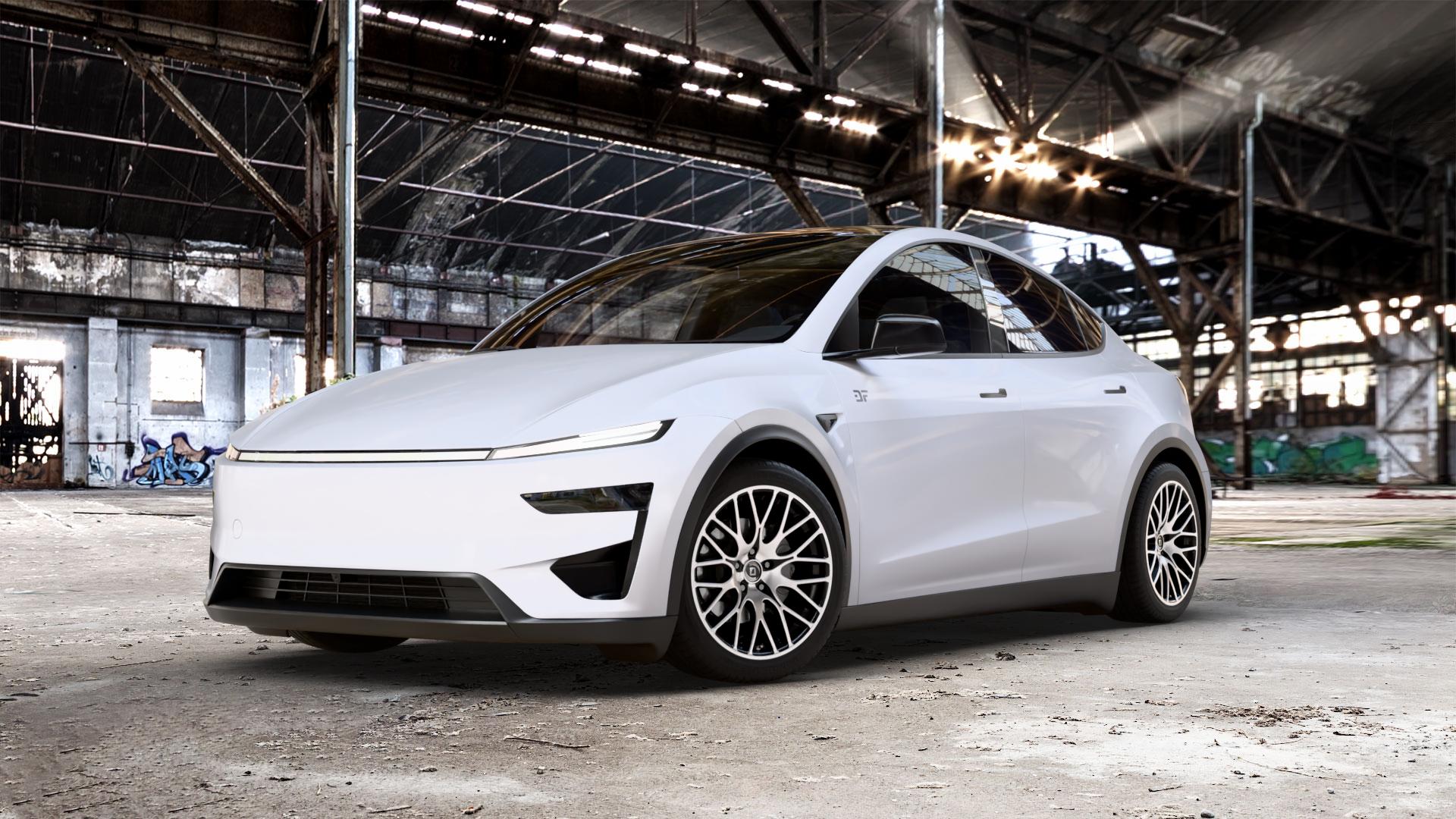 DIEWE WHEELS FINA Nero machined Felge mit Reifen silber schwarz mehrfarbig in 19Zoll Winterfelge Alufelge auf weissem Tesla Model Y Typ 003 0,0l Performance 190kW 4WD (258 PS) ⬇️ mit 15mm Tieferlegung ⬇️ Old Industrial Hall_max_5300mm_2024 Frontansicht_1
