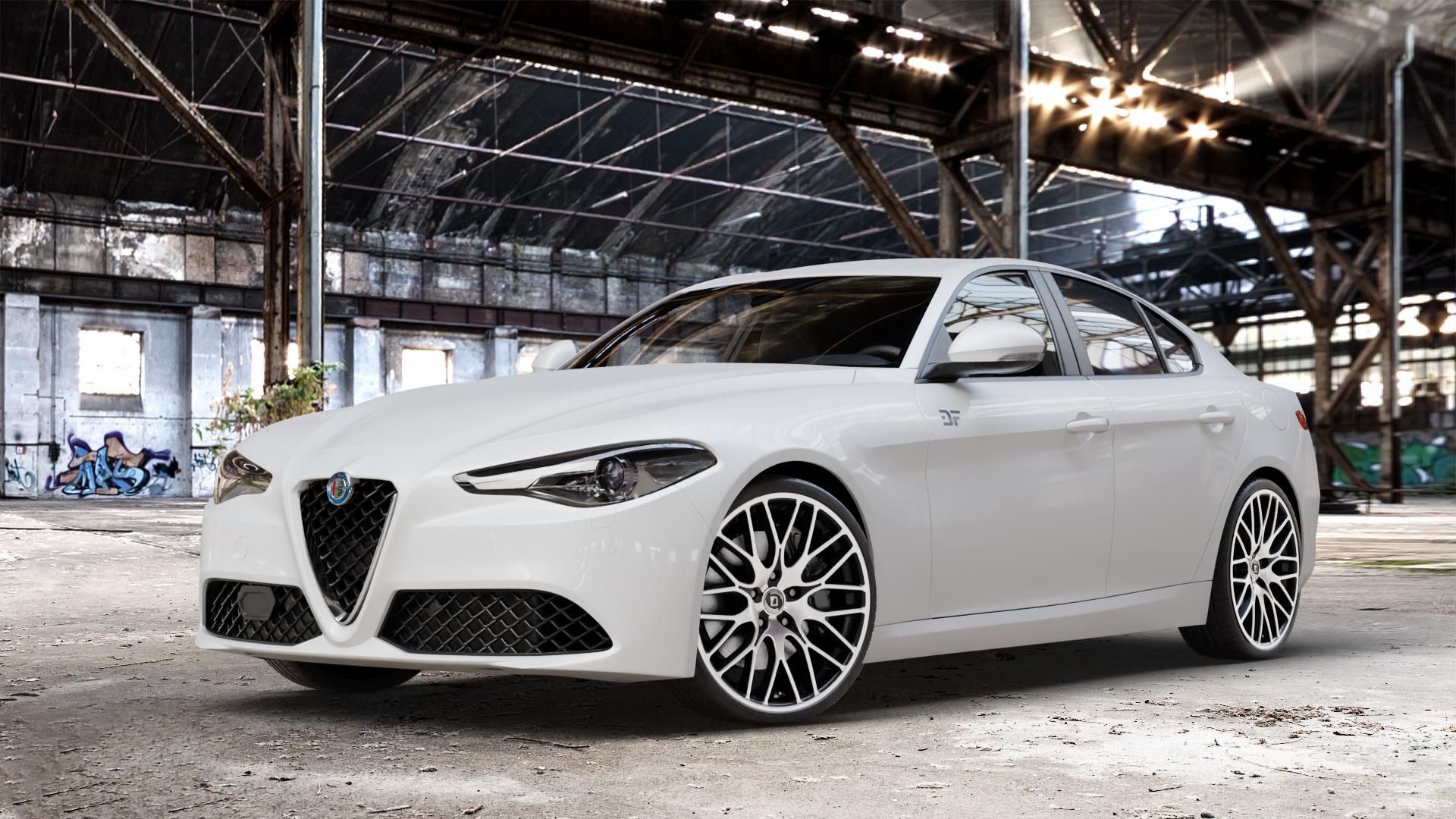 DIEWE WHEELS FINA Nero machined Felge mit Reifen silber schwarz mehrfarbig in 20Zoll Winterfelge Alufelge auf weissem Alfa Romeo Giulia Typ 952 ⬇️ mit 15mm Tieferlegung ⬇️ Old Industrial Hall_max_4400mm_2024 Frontansicht_1