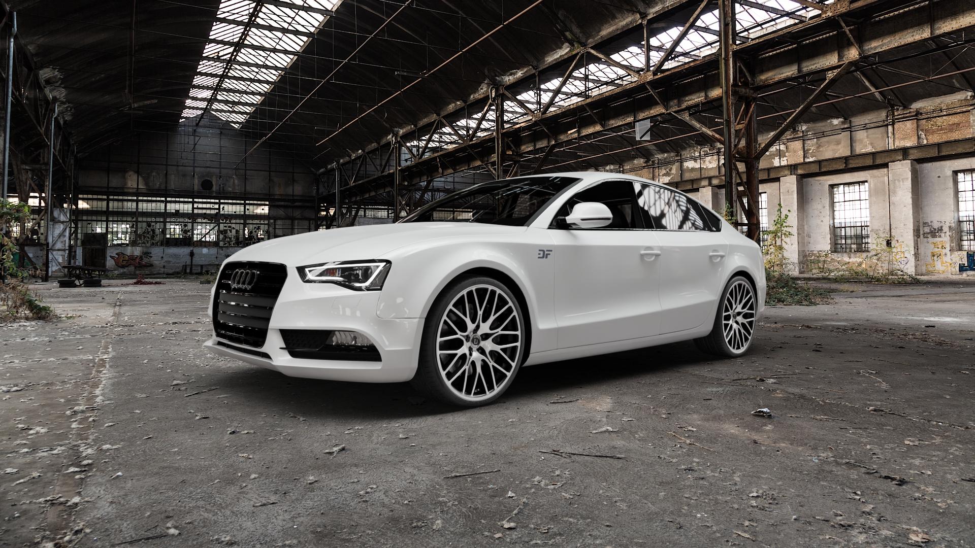 DIEWE WHEELS FINA Nero machined Felge mit Reifen silber schwarz mehrfarbig in 20Zoll Winterfelge Alufelge auf weissem Audi A5 Typ B8 (Sportback) Facelift ⬇️ mit 15mm Tieferlegung ⬇️ Old Industrial Hall_max5000mm_2022 Frontansicht_1