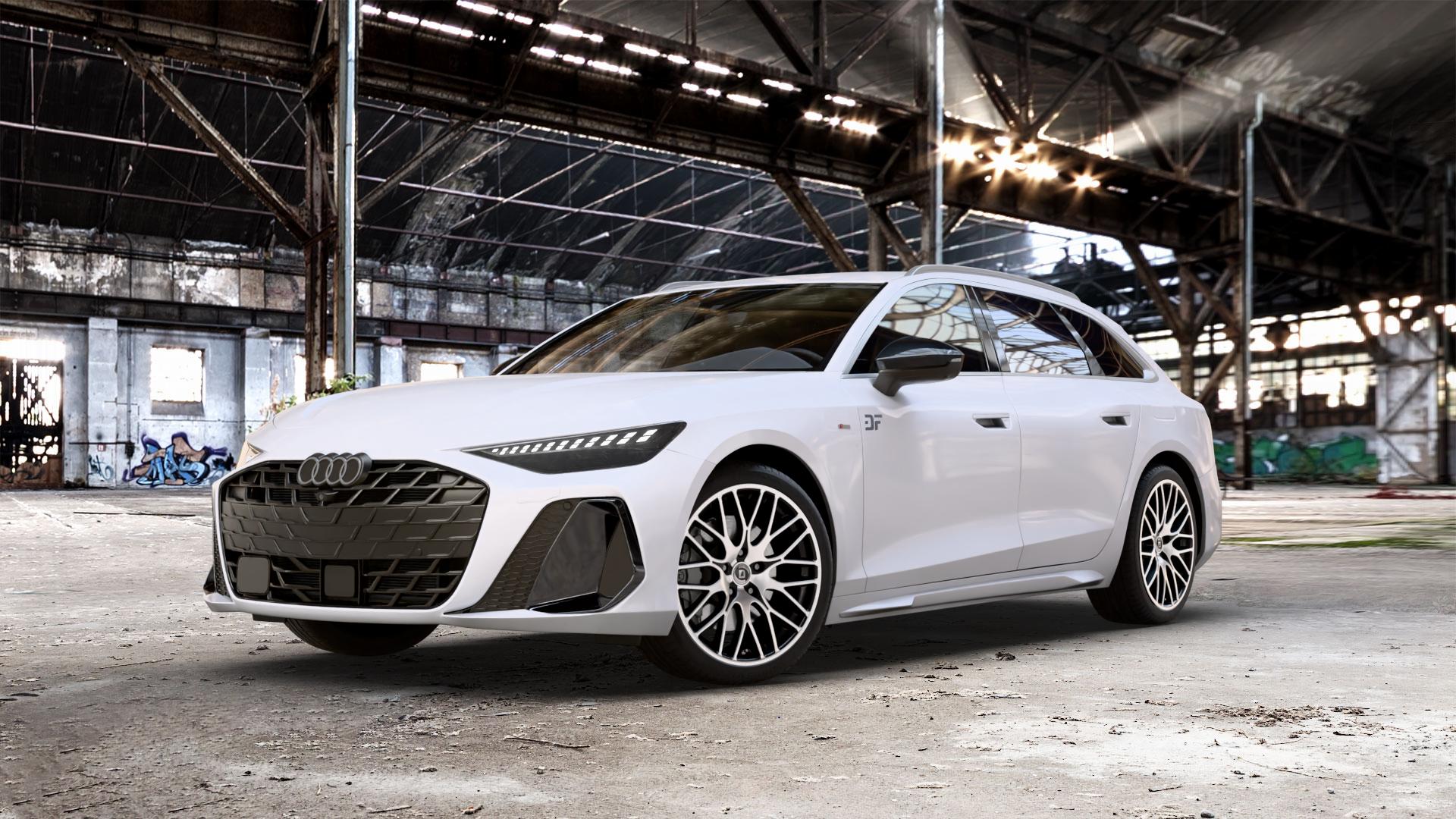 DIEWE WHEELS FINA Nero machined Felge mit Reifen silber schwarz mehrfarbig in 20Zoll Winterfelge Alufelge auf weissem Audi A6 Typ F2/C9 (Avant) ⬇️ mit 15mm Tieferlegung ⬇️ Old Industrial Hall_max_5300mm_2024 Frontansicht_1