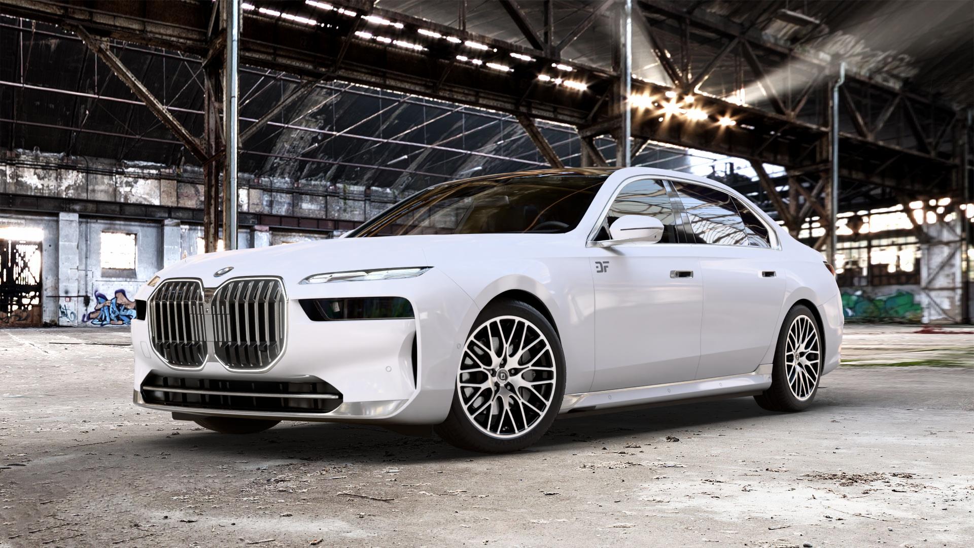 DIEWE WHEELS FINA Nero machined Felge mit Reifen silber schwarz mehrfarbig in 20Zoll Winterfelge Alufelge auf weissem BMW 7er G70 Limousine (G7L) ⬇️ mit 15mm Tieferlegung ⬇️ Old Industrial Hall_max_5300mm_2024 Frontansicht_1