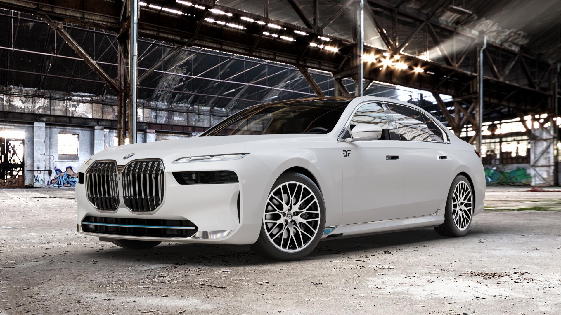 DIEWE WHEELS FINA Nero machined Felge mit Reifen silber schwarz mehrfarbig in 20Zoll Winterfelge Alufelge auf weissem BMW i7 Typ G70 ⬇️ mit 15mm Tieferlegung ⬇️ Old Industrial Hall_max_5300mm_2024 Frontansicht_1