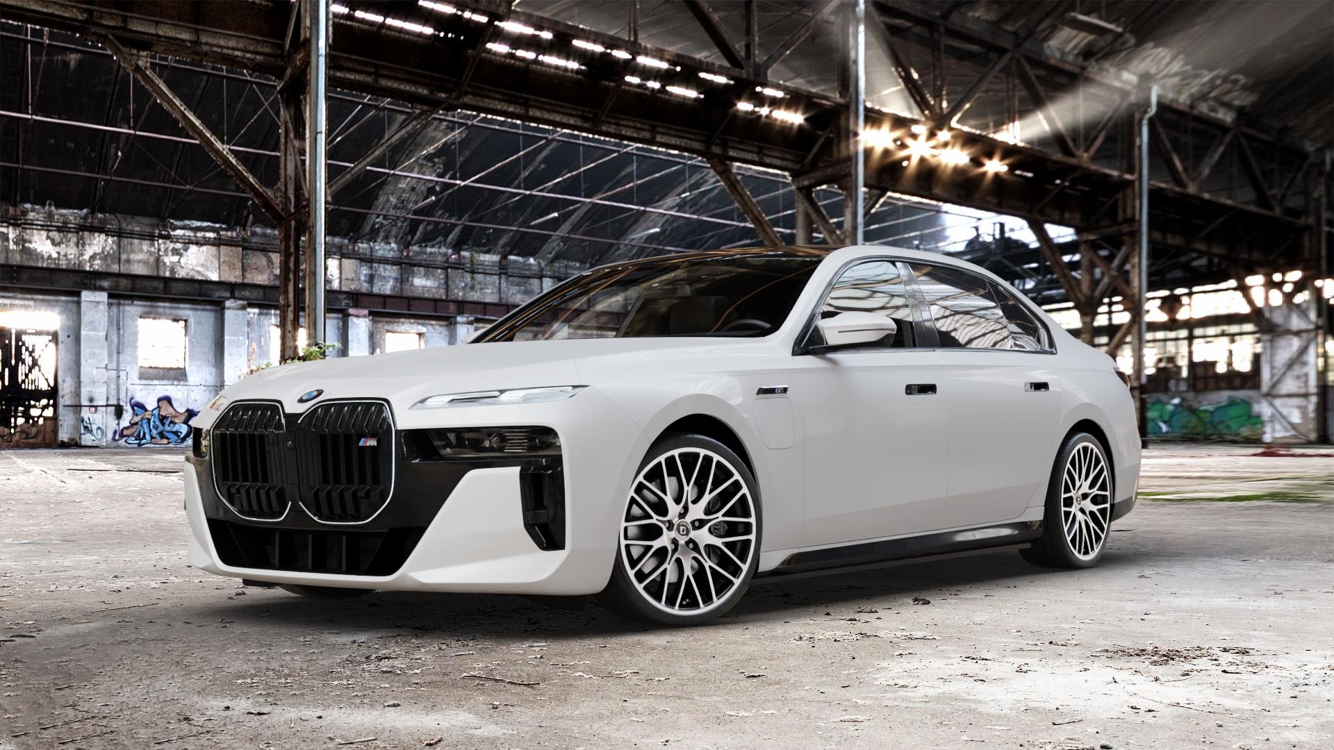 DIEWE WHEELS FINA Nero machined Felge mit Reifen silber schwarz mehrfarbig in 20Zoll Winterfelge Alufelge auf weissem BMW M760e xDrive Typ G70 ⬇️ mit 15mm Tieferlegung ⬇️ Old Industrial Hall_max_5300mm_2024 Frontansicht_1