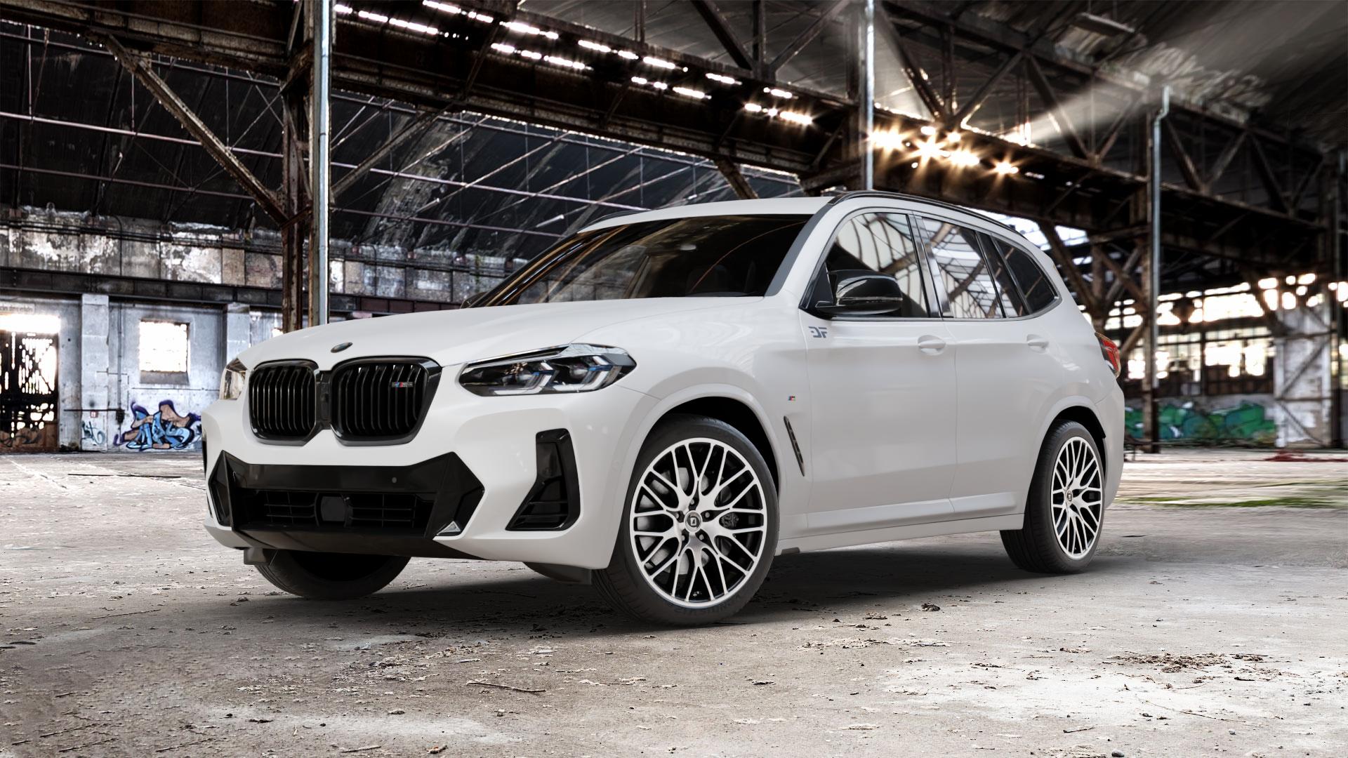 DIEWE WHEELS FINA Nero machined Felge mit Reifen silber schwarz mehrfarbig in 20Zoll Winterfelge Alufelge auf weissem BMW X3 Typ G01 (G3X) Facelift ⬇️ mit 15mm Tieferlegung ⬇️ Old Industrial Hall_max_5300mm_2024 Frontansicht_1