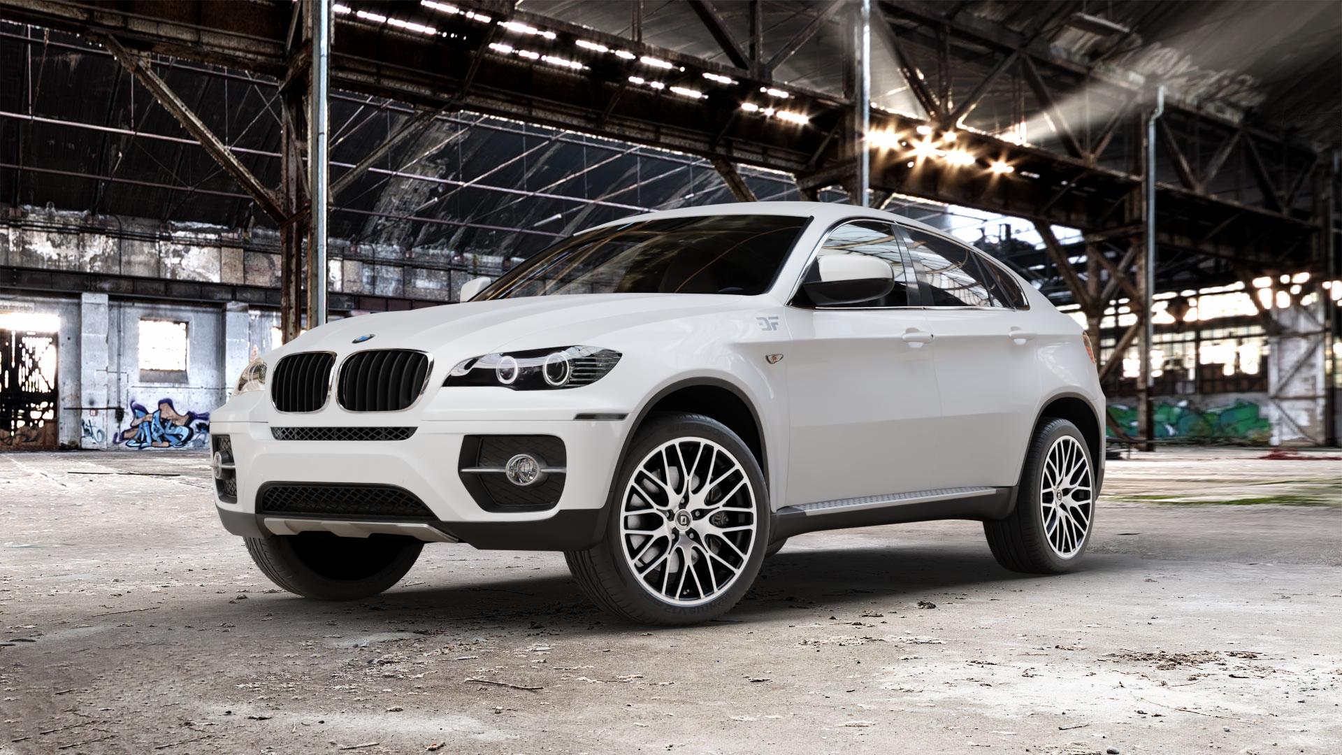 DIEWE WHEELS FINA Nero machined Felge mit Reifen silber schwarz mehrfarbig in 20Zoll Winterfelge Alufelge auf weissem BMW X6 Typ E71 (X70, X6, X-N1, HY) ⬇️ mit 15mm Tieferlegung ⬇️ Old Industrial Hall_max_5300mm_2024 Frontansicht_1