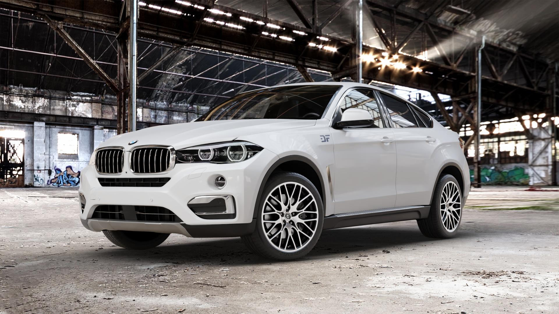DIEWE WHEELS FINA Nero machined Felge mit Reifen silber schwarz mehrfarbig in 20Zoll Winterfelge Alufelge auf weissem BMW X6 Typ F16 (X6, X-N1) ⬇️ mit 15mm Tieferlegung ⬇️ Old Industrial Hall_max_5300mm_2024 Frontansicht_1