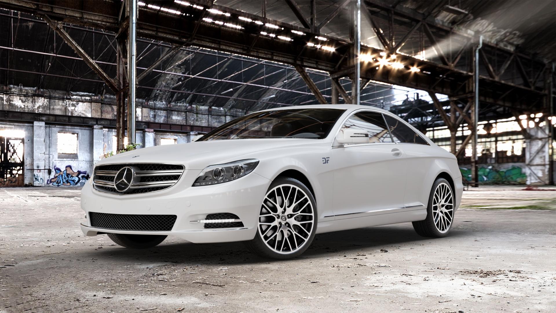 DIEWE WHEELS FINA Nero machined Felge mit Reifen silber schwarz mehrfarbig in 20Zoll Winterfelge Alufelge auf weissem Mercedes CL-Klasse Typ C216 ⬇️ mit 15mm Tieferlegung ⬇️ Old Industrial Hall_max_5300mm_2024 Frontansicht_1