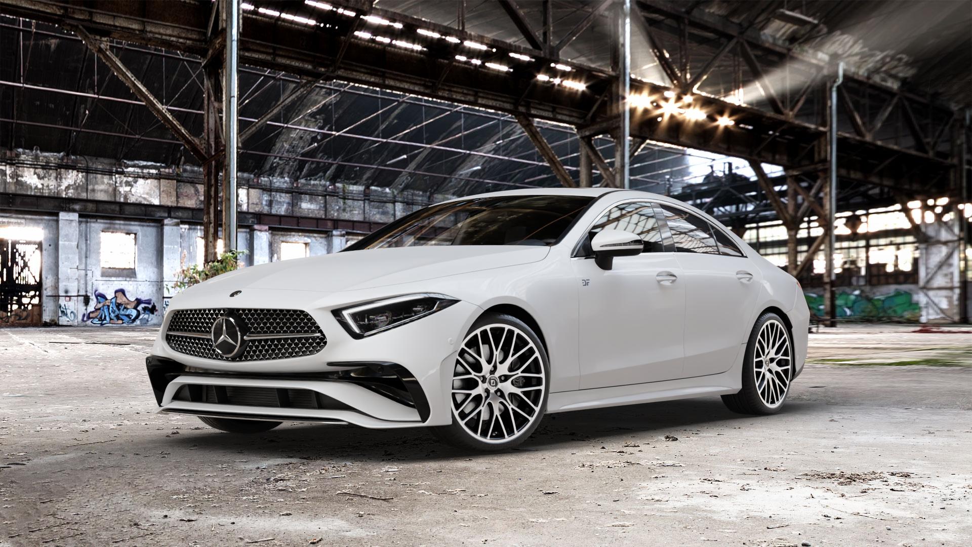 DIEWE WHEELS FINA Nero machined Felge mit Reifen silber schwarz mehrfarbig in 20Zoll Winterfelge Alufelge auf weissem Mercedes CLS Typ C257 Facelift ⬇️ mit 15mm Tieferlegung ⬇️ Old Industrial Hall_max_5300mm_2024 Frontansicht_1
