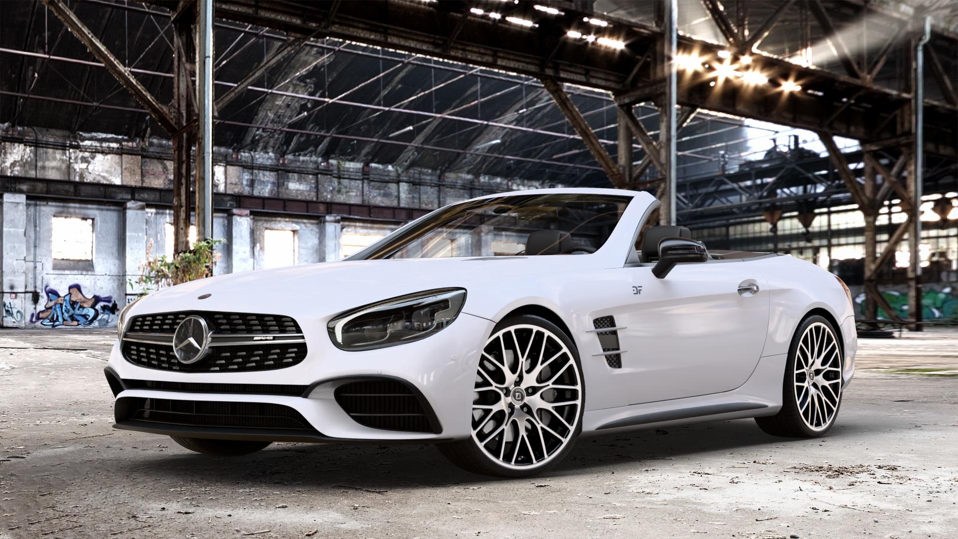 DIEWE WHEELS FINA Nero machined Felge mit Reifen silber schwarz mehrfarbig in 20Zoll Winterfelge Alufelge auf weissem Mercedes SL Typ R231 Facelift 5,5l 63 AMG 430kW (585 PS) 6,0l 65 463kW (630 420kW (571 ⬇️ mit 15mm Tieferlegung ⬇️ Old Industrial Hall_max_4400mm_2024 Frontansicht_1