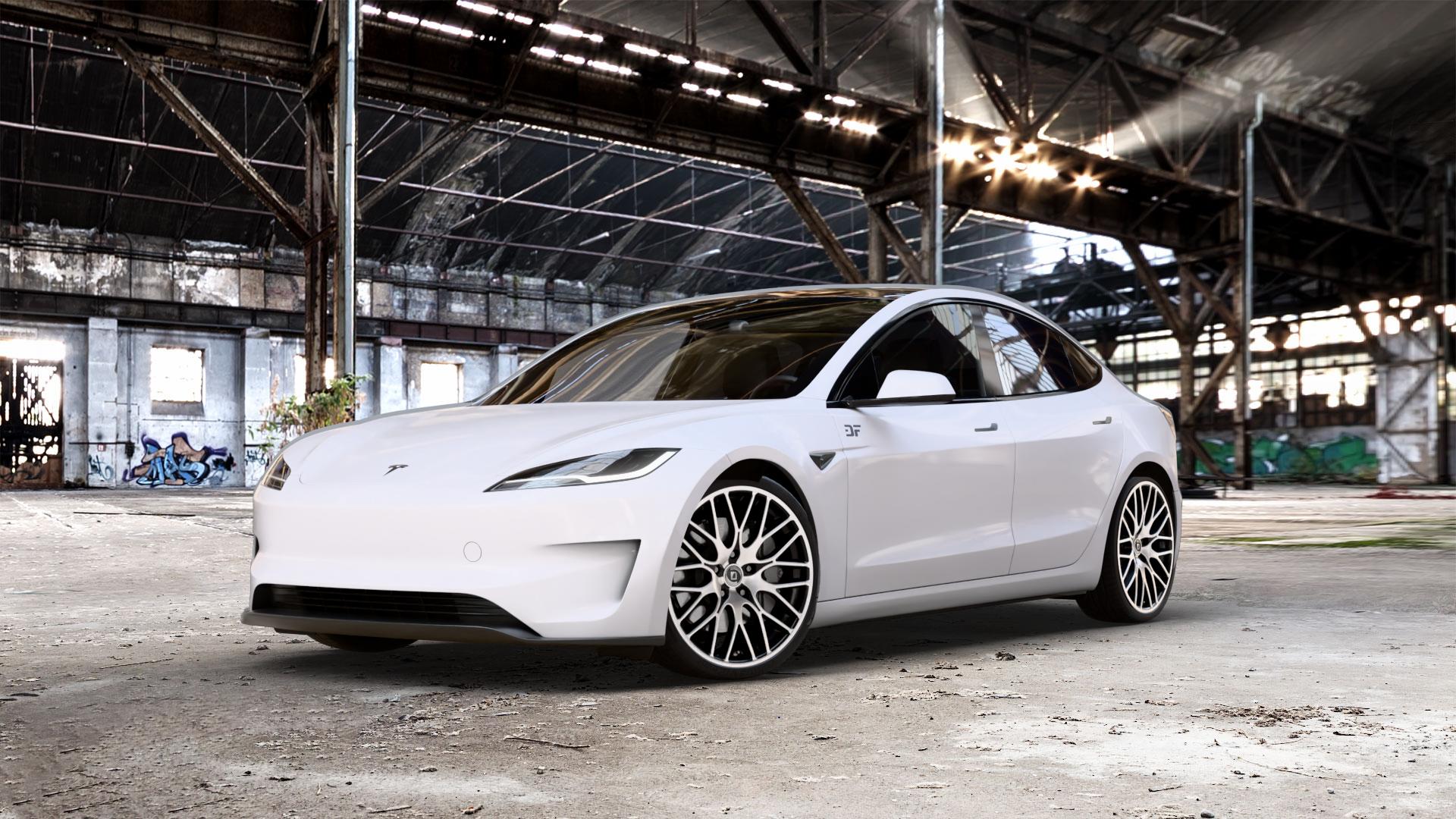 DIEWE WHEELS FINA Nero machined Felge mit Reifen silber schwarz mehrfarbig in 20Zoll Winterfelge Alufelge auf weissem Tesla Model 3 Typ 003 Facelift 0,0l Performance 190kW 4WD (258 PS) ⬇️ mit 15mm Tieferlegung ⬇️ Old Industrial Hall_max_5300mm_2024 Frontansicht_1