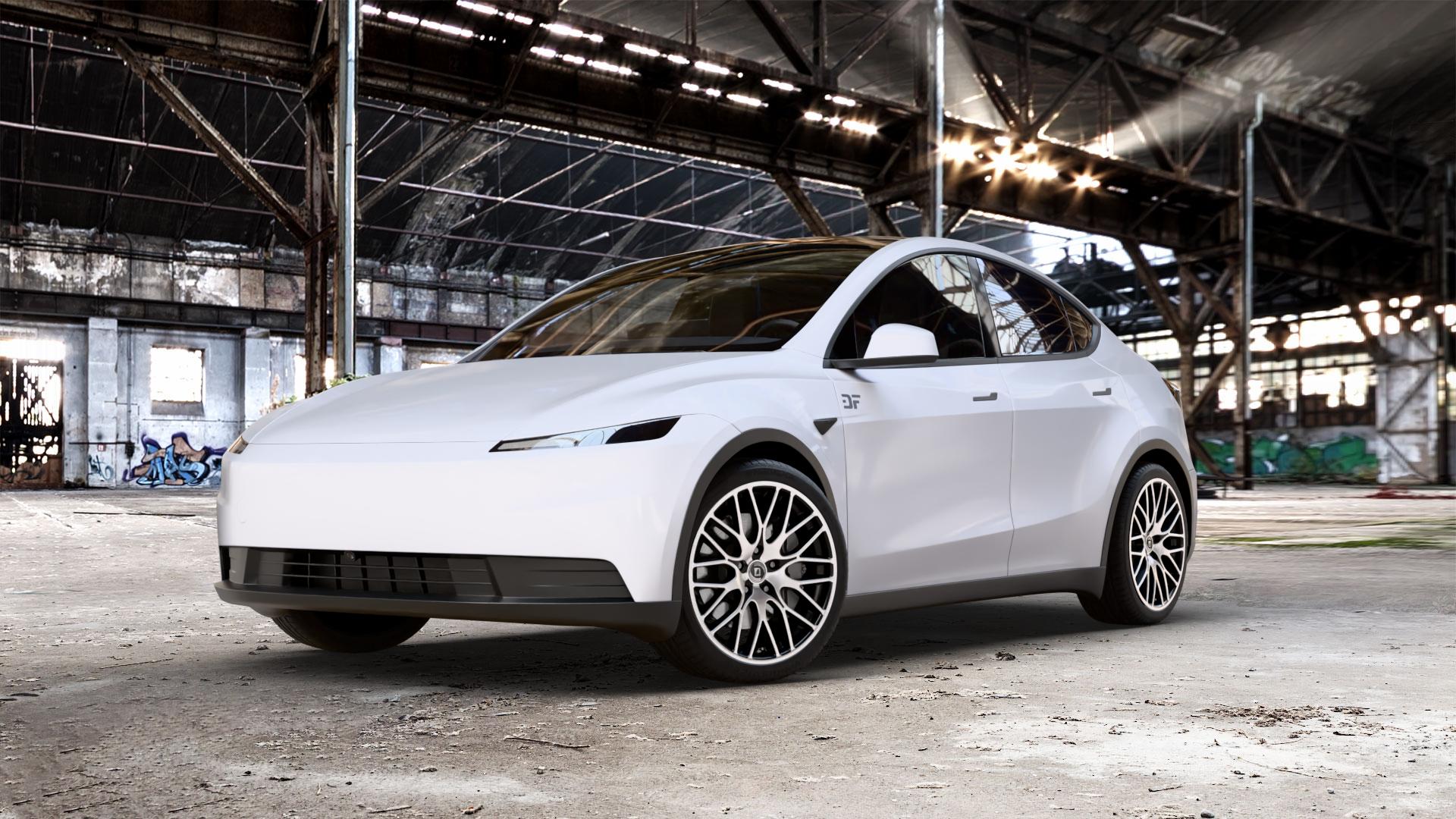 DIEWE WHEELS FINA Nero machined Felge mit Reifen silber schwarz mehrfarbig in 20Zoll Winterfelge Alufelge auf weissem Tesla Model Y Typ 003 0,0l Standard Range 114kW 2WD (155 PS) ⬇️ mit 15mm Tieferlegung ⬇️ Old Industrial Hall_max_5300mm_2024 Frontansicht_1