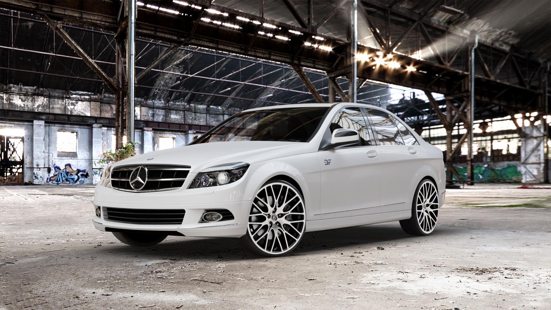 DIEWE WHEELS FINA Nero machined Felge mit Reifen silber schwarz mehrfarbig in 21Zoll Winterfelge Alufelge auf weissem Mercedes C-Klasse Typ W204 Limousine ⬇️ mit 15mm Tieferlegung ⬇️ Old Industrial Hall_max_5300mm_2024 Frontansicht_1