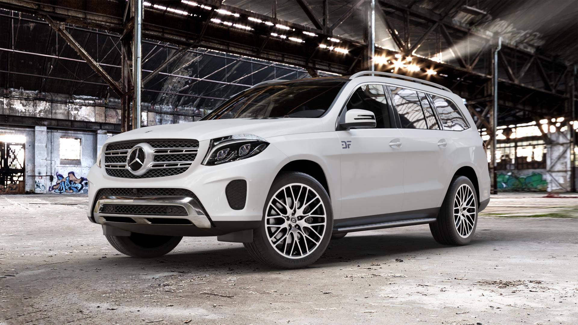 DIEWE WHEELS FINA Nero machined Felge mit Reifen silber schwarz mehrfarbig in 21Zoll Winterfelge Alufelge auf weissem Mercedes GLS-Klasse Typ 166 3,0l 350 D 4Matic 190kW (258 PS) 400 245kW (333 4,7l 500 335kW (455 5,5l 63 AMG 4-Matic 430kW (585 ⬇️ mit 15mm Tieferlegung ⬇️ Old Industrial Hall_max_5300mm_2024 Frontansicht_1