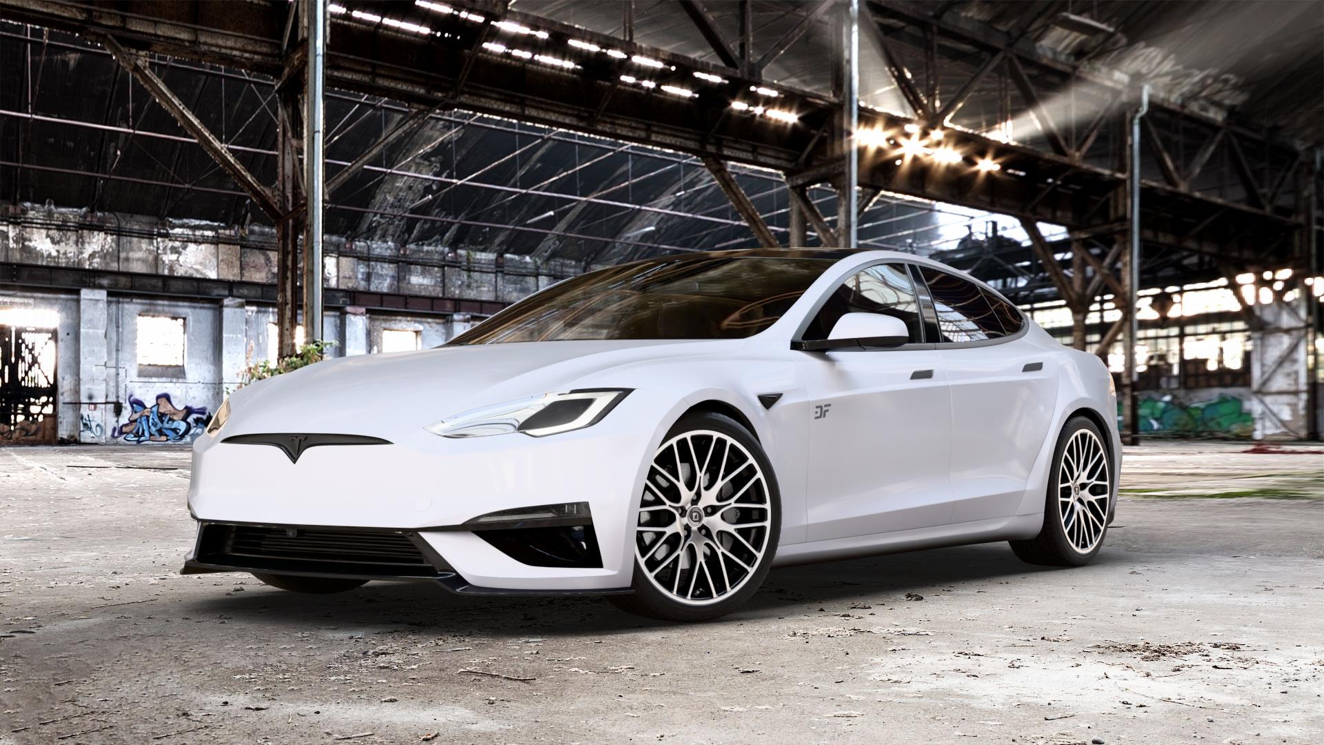 DIEWE WHEELS FINA Nero machined Felge mit Reifen silber schwarz mehrfarbig in 21Zoll Winterfelge Alufelge auf weissem Tesla Model S Typ 006 0,0l 357kW Plaid AWD (485 PS) ⬇️ mit 15mm Tieferlegung ⬇️ Old Industrial Hall_max_5300mm_2024 Frontansicht_1