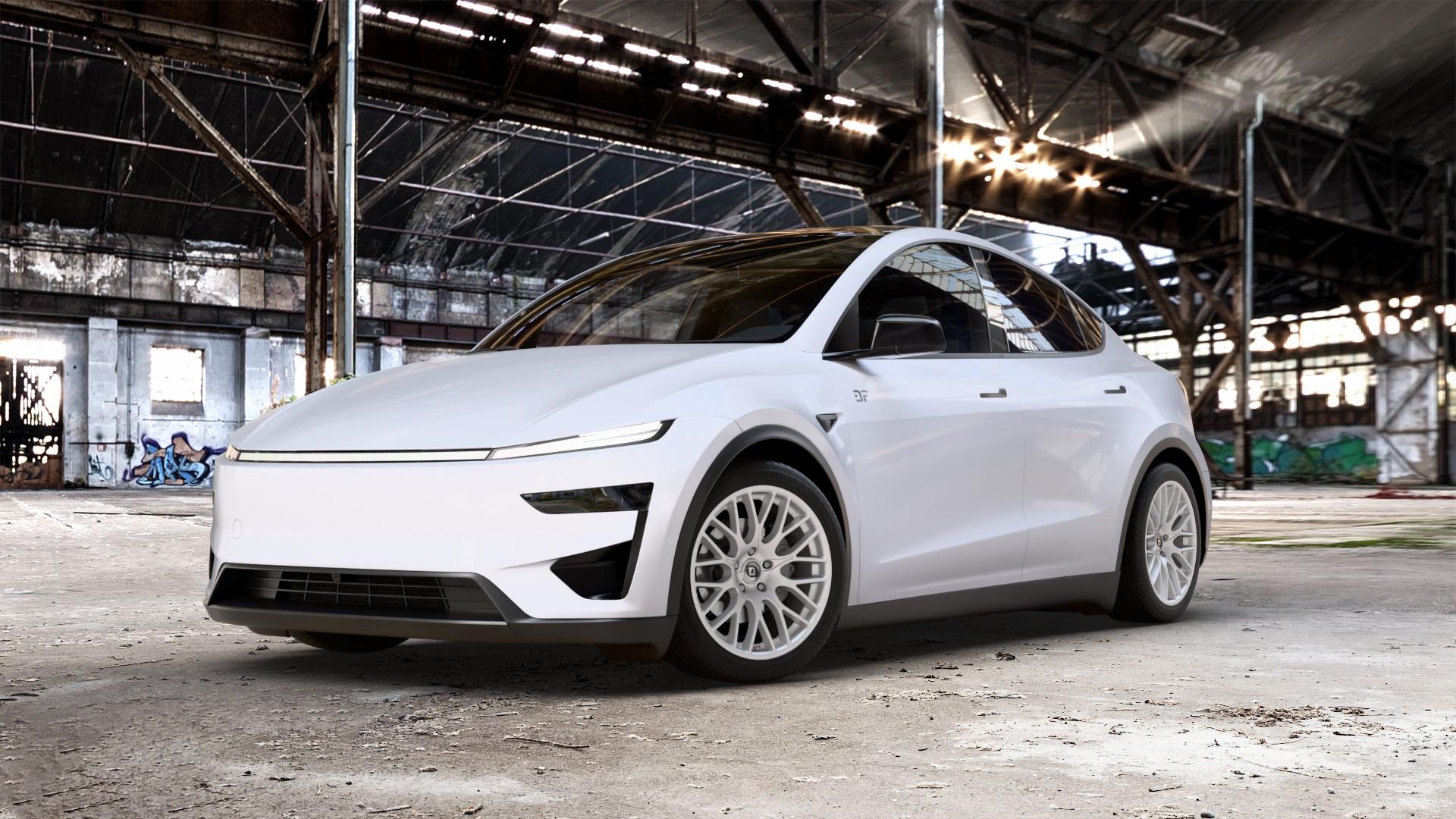 DIEWE WHEELS IMPATTO Argento silber Felge mit Reifen in 19Zoll Winterfelge Alufelge auf weissem Tesla Model Y Typ 003 0,0l Performance 190kW 4WD (258 PS) ⬇️ mit 15mm Tieferlegung ⬇️ Old Industrial Hall_max_5300mm_2024 Frontansicht_1