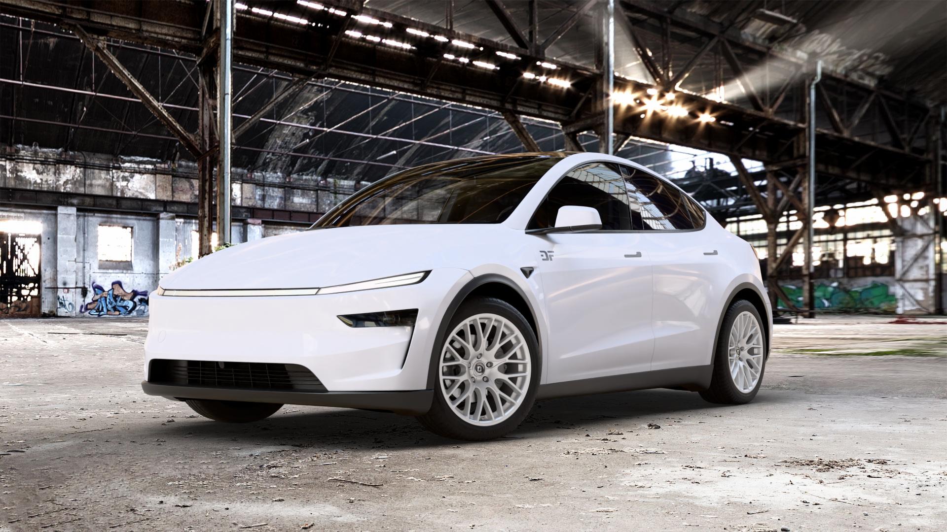 DIEWE WHEELS IMPATTO Argento silber Felge mit Reifen in 19Zoll Winterfelge Alufelge auf weissem Tesla Model Y Typ 003 Facelift 003/005 ⬇️ mit 15mm Tieferlegung ⬇️ Old Industrial Hall_max_5300mm_2024 Frontansicht_1
