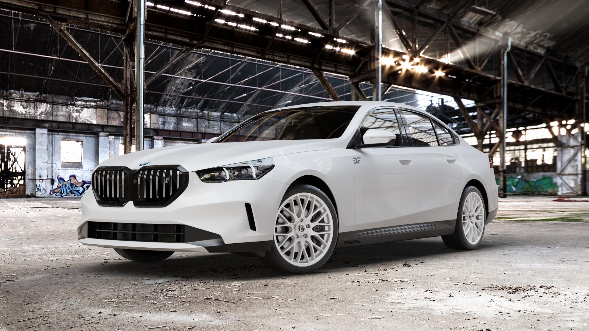 DIEWE WHEELS IMPATTO Argento silber Felge mit Reifen in 20Zoll Winterfelge Alufelge auf weissem BMW i5 (G6E) 0,0l eDrive40 105kW (143 PS) ⬇️ mit 15mm Tieferlegung ⬇️ Old Industrial Hall_max_5300mm_2024 Frontansicht_1