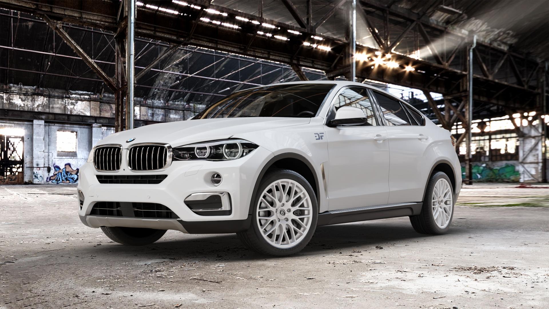 DIEWE WHEELS IMPATTO Argento silber Felge mit Reifen in 20Zoll Winterfelge Alufelge auf weissem BMW X6 Typ F16 (X6, X-N1) ⬇️ mit 15mm Tieferlegung ⬇️ Old Industrial Hall_max_5300mm_2024 Frontansicht_1