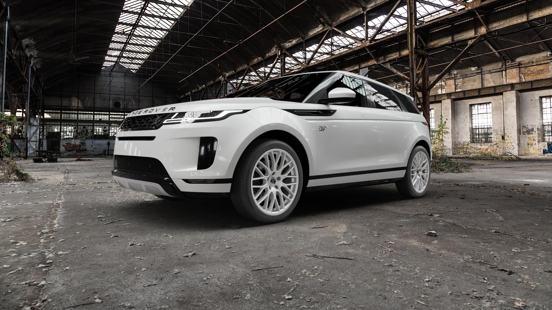 DIEWE WHEELS Impatto Argento silber Felge mit Reifen in 20Zoll Winterfelge Alufelge auf weissem Land Rover Range Evoque Typ LZ ⬇️ mit 15mm Tieferlegung ⬇️ Old Industrial Hall_max5000mm_2022 Frontansicht_1