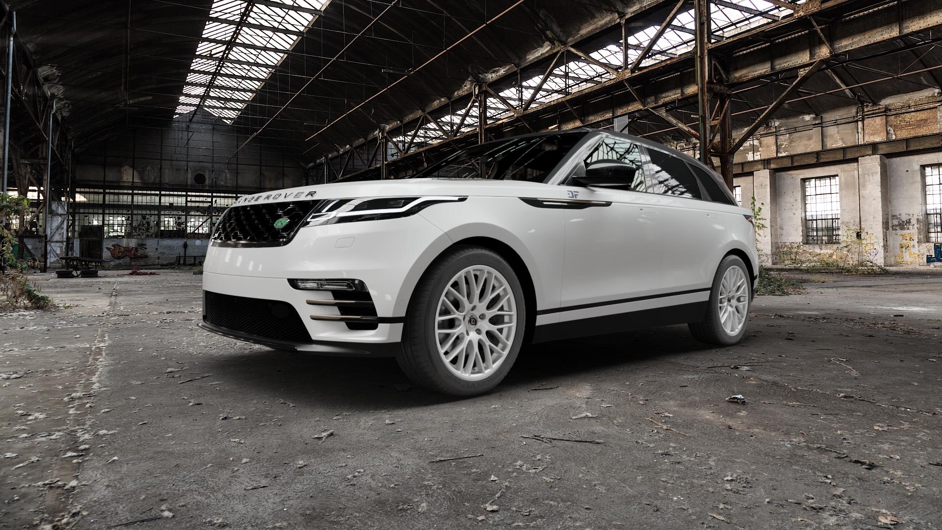 DIEWE WHEELS IMPATTO Argento silber Felge mit Reifen in 20Zoll Winterfelge Alufelge auf weissem Land Rover Range Velar Typ LY Facelift ⬇️ mit 15mm Tieferlegung ⬇️ Old Industrial Hall_max5000mm_2022 Frontansicht_1