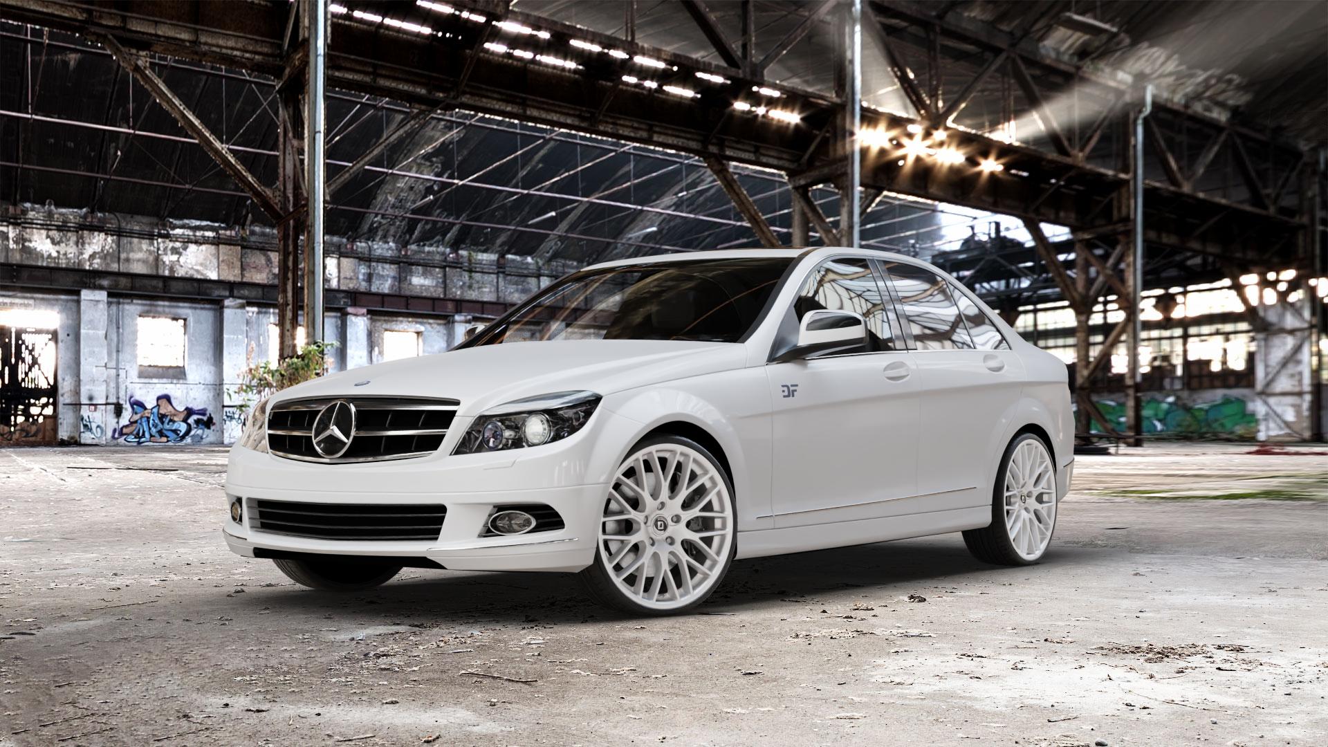 DIEWE WHEELS IMPATTO Argento silber Felge mit Reifen in 20Zoll Winterfelge Alufelge auf weissem Mercedes C-Klasse Typ W204 Limousine ⬇️ mit 15mm Tieferlegung ⬇️ Old Industrial Hall_max_5300mm_2024 Frontansicht_1