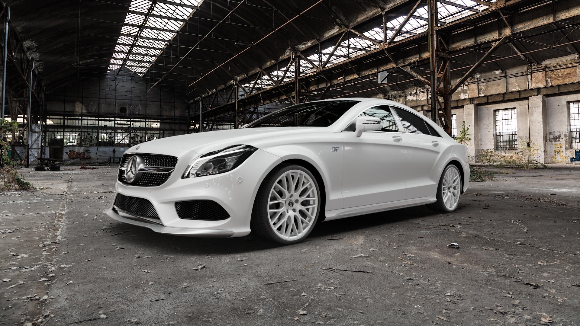 DIEWE WHEELS Impatto Argento silber Felge mit Reifen in 20Zoll Winterfelge Alufelge auf weissem Mercedes CLS Typ C218 ⬇️ mit 15mm Tieferlegung ⬇️ Old Industrial Hall_max5000mm_2022 Frontansicht_1