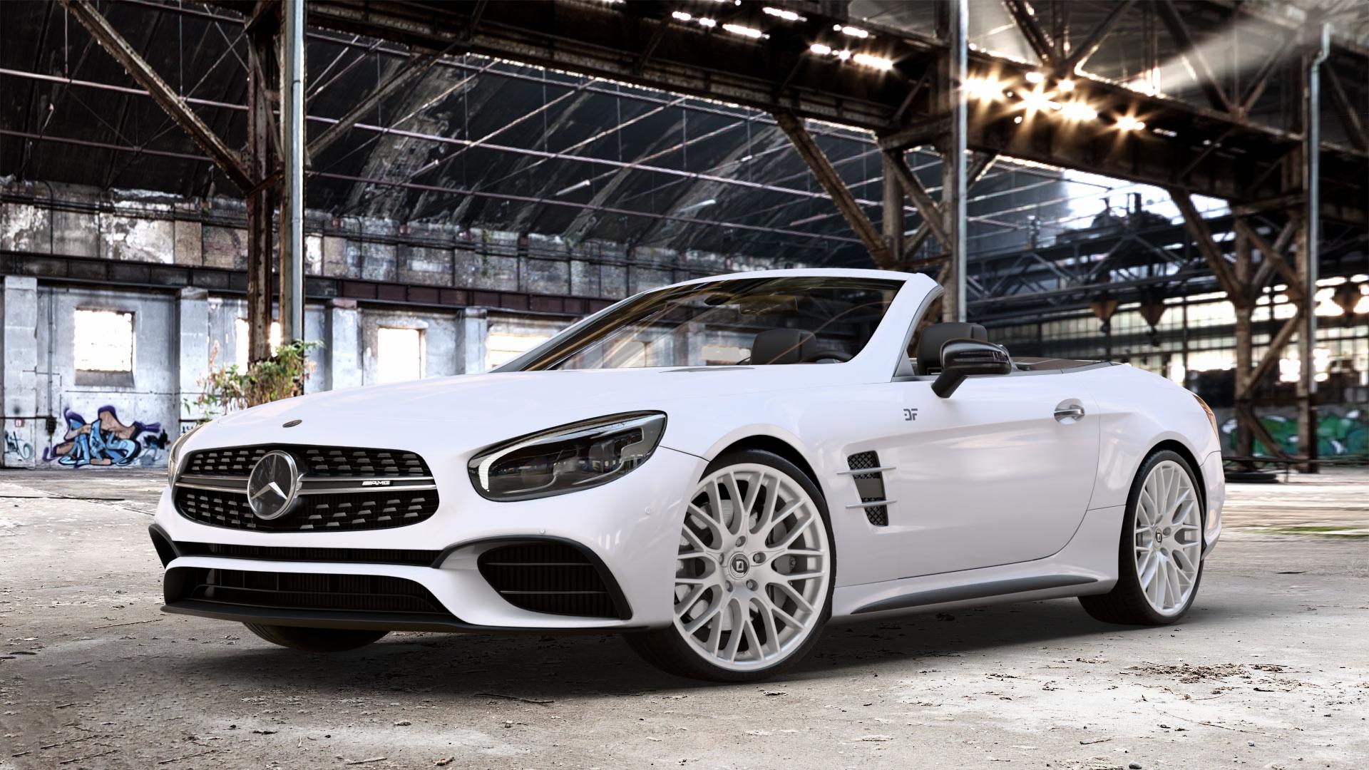 DIEWE WHEELS IMPATTO Argento silber Felge mit Reifen in 20Zoll Winterfelge Alufelge auf weissem Mercedes SL Typ R231 Facelift 5,5l 63 AMG 430kW (585 PS) 6,0l 65 463kW (630 420kW (571 ⬇️ mit 15mm Tieferlegung ⬇️ Old Industrial Hall_max_4400mm_2024 Frontansicht_1