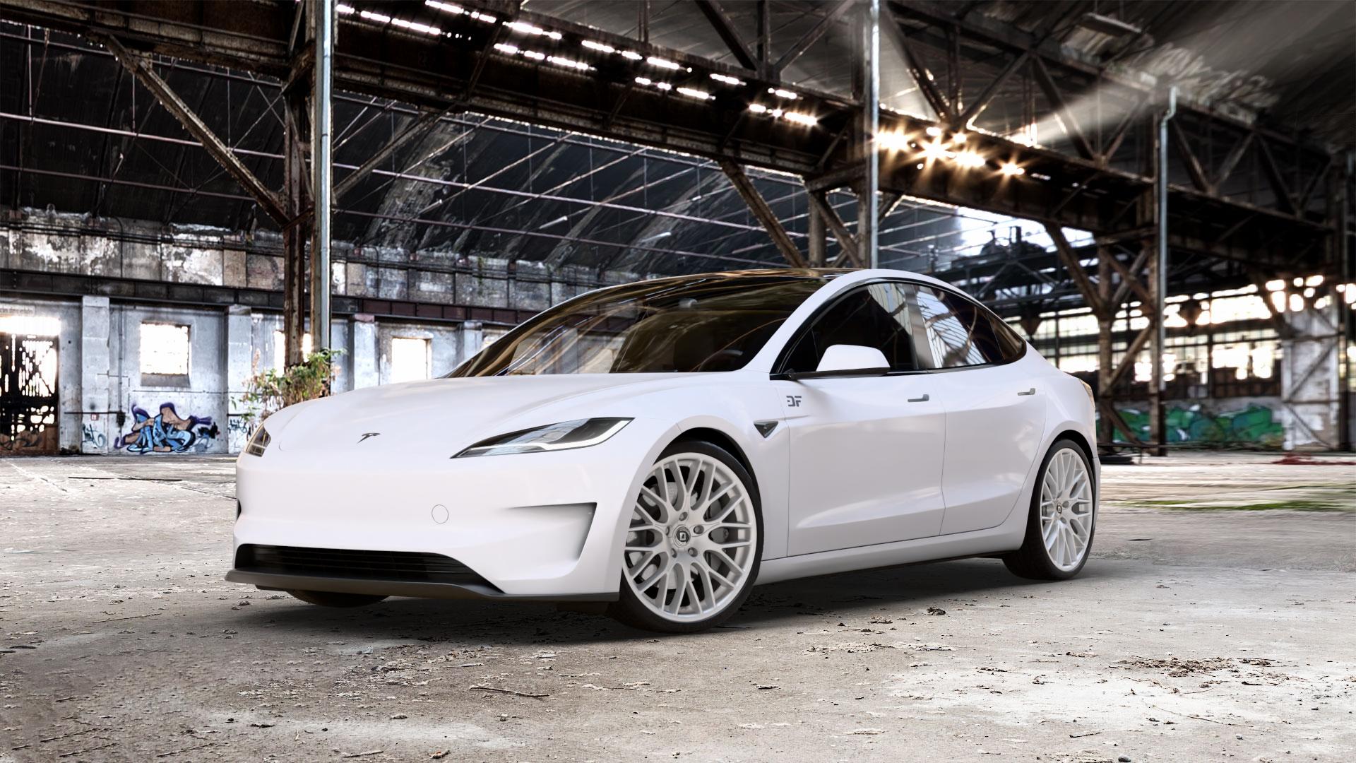 DIEWE WHEELS IMPATTO Argento silber Felge mit Reifen in 20Zoll Winterfelge Alufelge auf weissem Tesla Model 3 Typ 003 Facelift Highland 0,0l Performance 190kW 4WD (258 PS) ⬇️ mit 15mm Tieferlegung ⬇️ Old Industrial Hall_max_5300mm_2024 Frontansicht_1