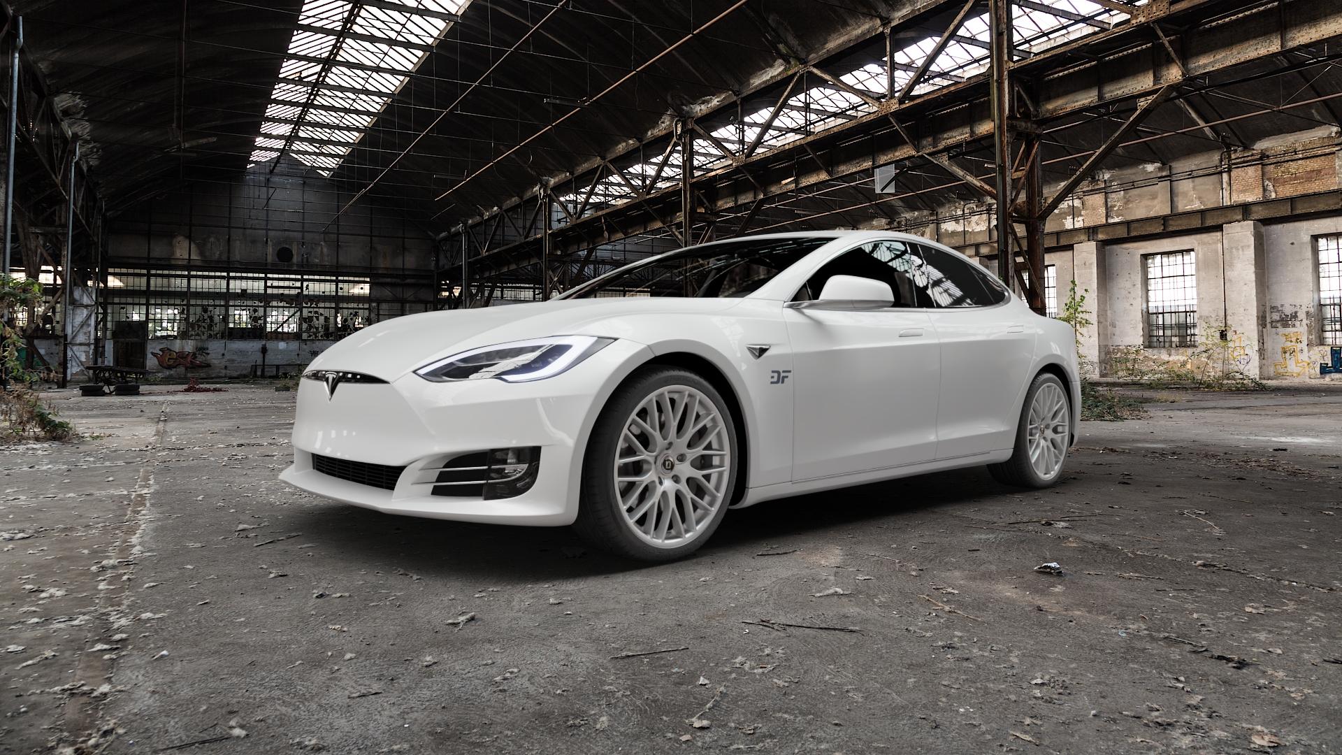 DIEWE WHEELS Impatto Argento silber Felge mit Reifen in 20Zoll Winterfelge Alufelge auf weissem Tesla Model S Facelift Typ 002 ⬇️ mit 15mm Tieferlegung ⬇️ Old Industrial Hall_max5000mm_2022 Frontansicht_1