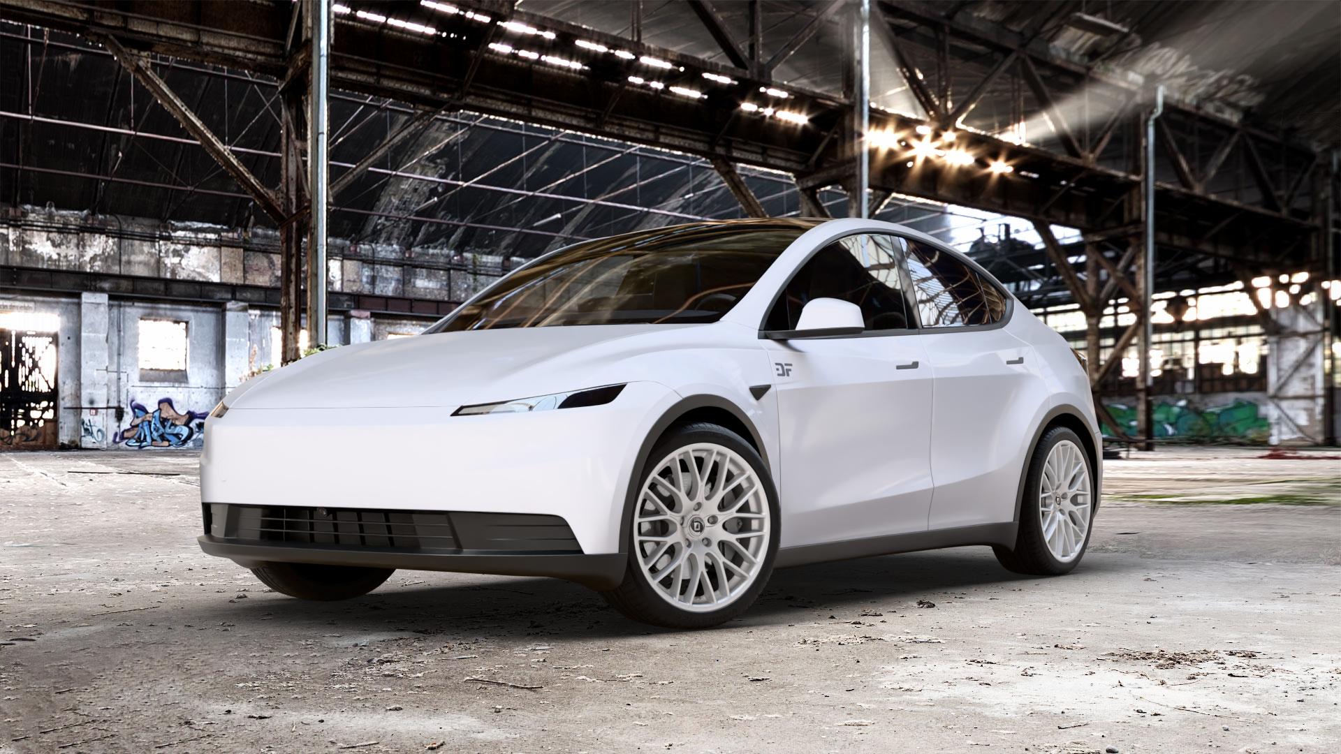 DIEWE WHEELS IMPATTO Argento silber Felge mit Reifen in 20Zoll Winterfelge Alufelge auf weissem Tesla Model Y Typ 003 0,0l Standard Range 114kW 2WD (155 PS) ⬇️ mit 15mm Tieferlegung ⬇️ Old Industrial Hall_max_5300mm_2024 Frontansicht_1