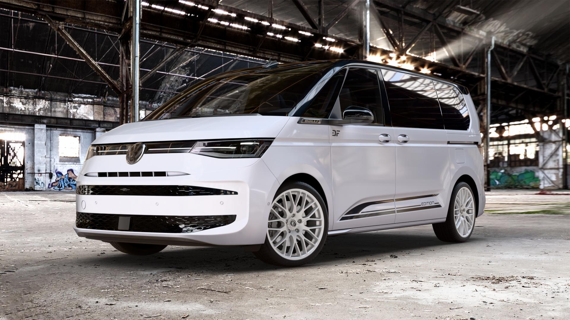 DIEWE WHEELS IMPATTO Argento silber Felge mit Reifen in 20Zoll Winterfelge Alufelge auf weissem und schwarzem Volkswagen (VW) T7 Multivan Bus ⬇️ mit 15mm Tieferlegung ⬇️ Old Industrial Hall_max_5300mm_2024 Frontansicht_1