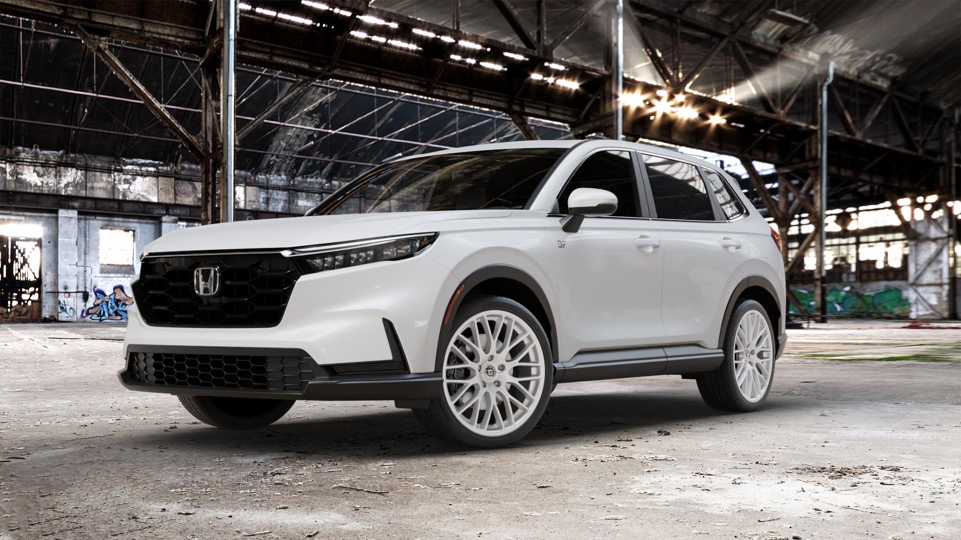DIEWE WHEELS IMPATTO Argento silber Felge mit Reifen in 21Zoll Winterfelge Alufelge auf weissem Honda CR-V VI (RS) ⬇️ mit 15mm Tieferlegung ⬇️ Old Industrial Hall_max_5300mm_2024 Frontansicht_1