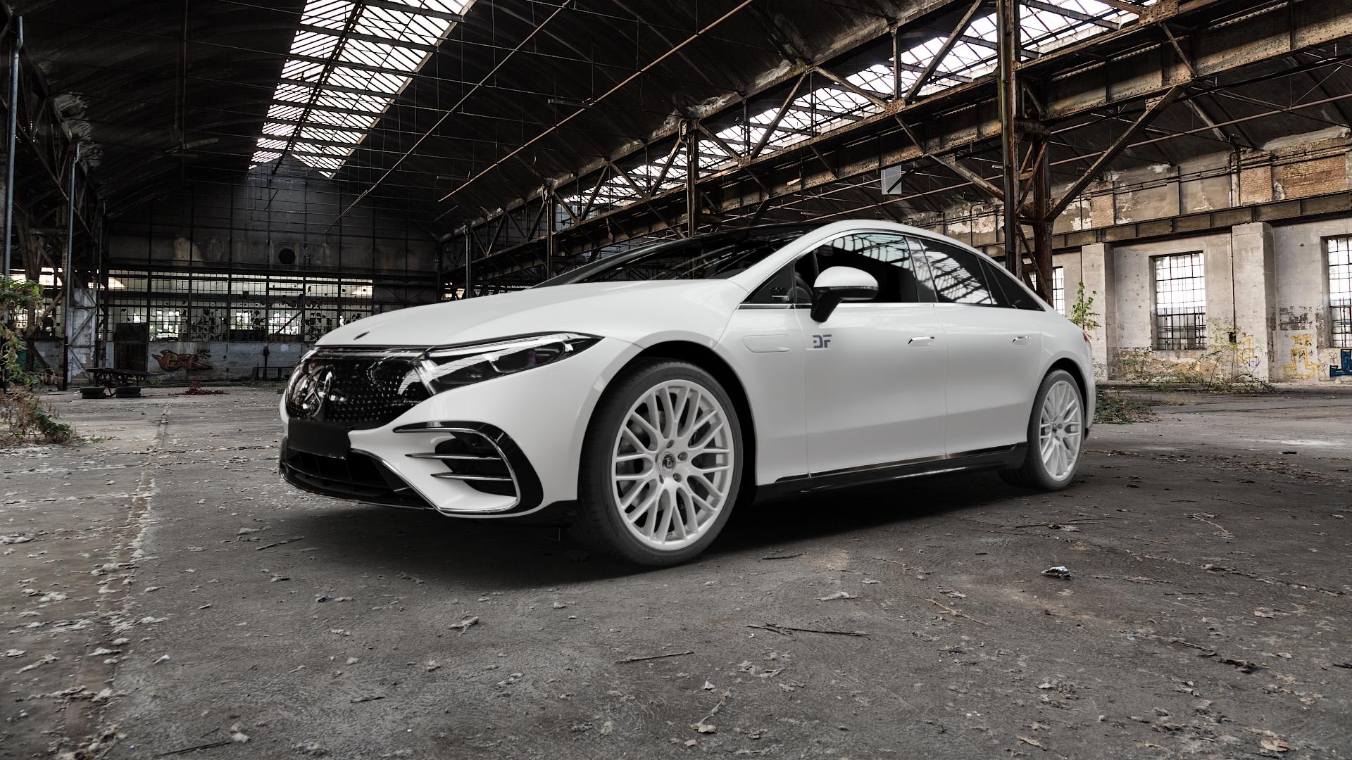 DIEWE WHEELS IMPATTO Argento silber Felge mit Reifen in 21Zoll Winterfelge Alufelge auf weissem Mercedes EQS Typ E2EQSW ⬇️ mit 15mm Tieferlegung ⬇️ Old Industrial Hall_max5000mm_2022 Frontansicht_1